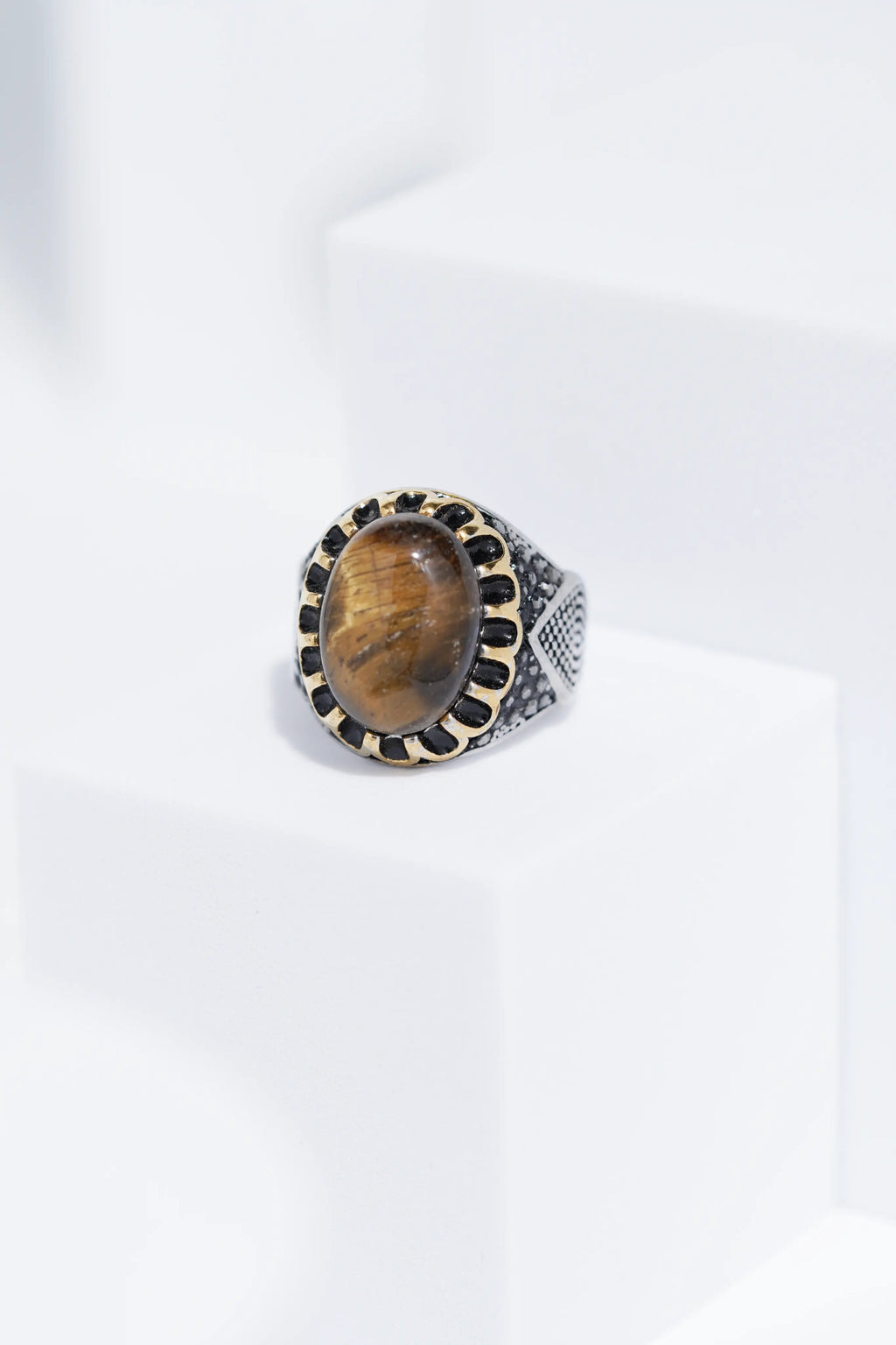 Brown Oval Stone In Two-Tone Color Stainless Steel Ring For Men. worldjewel.in men's ring