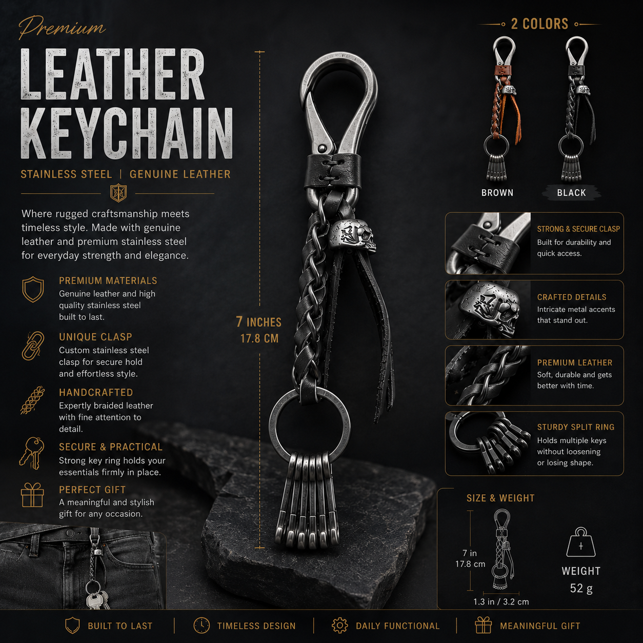 Shadow Bone Pure Leather Keychain (Black)