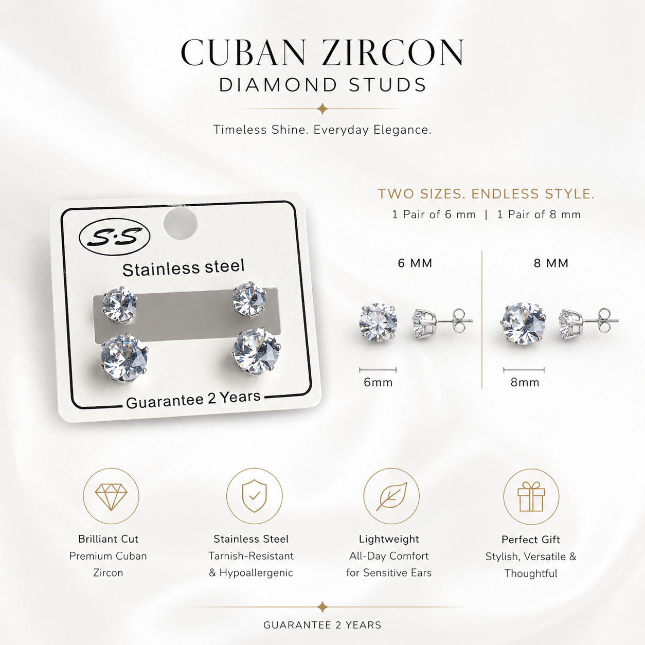 Classic Cuban Zircon Stud Earrings (6mm & 8mm Set)