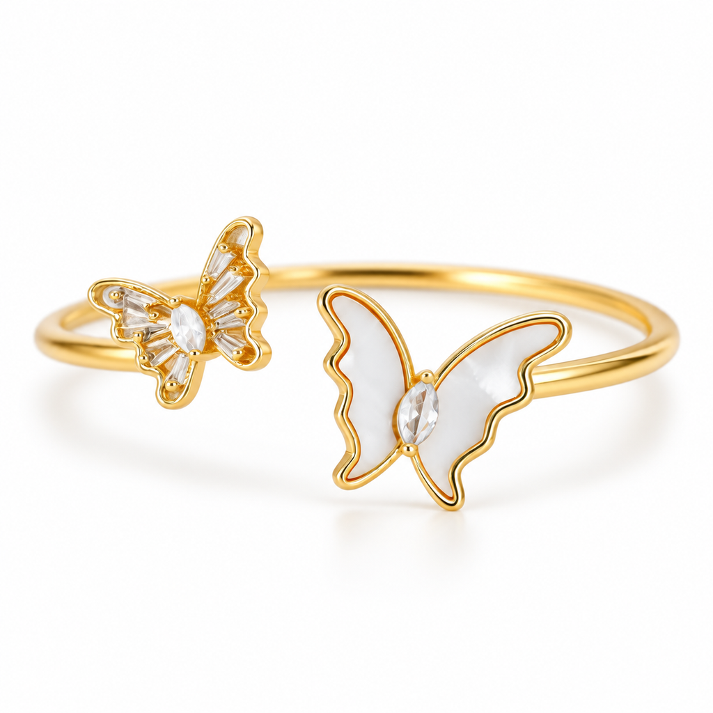 Dual Butterfly Pearl Inlay Gold Bracelet