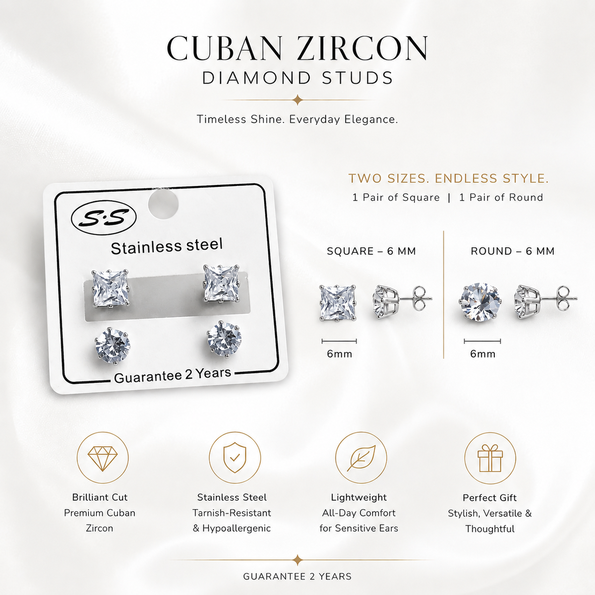 Classic Circle & Square Comb Cuban Zircon Stud Earrings (6mm set)