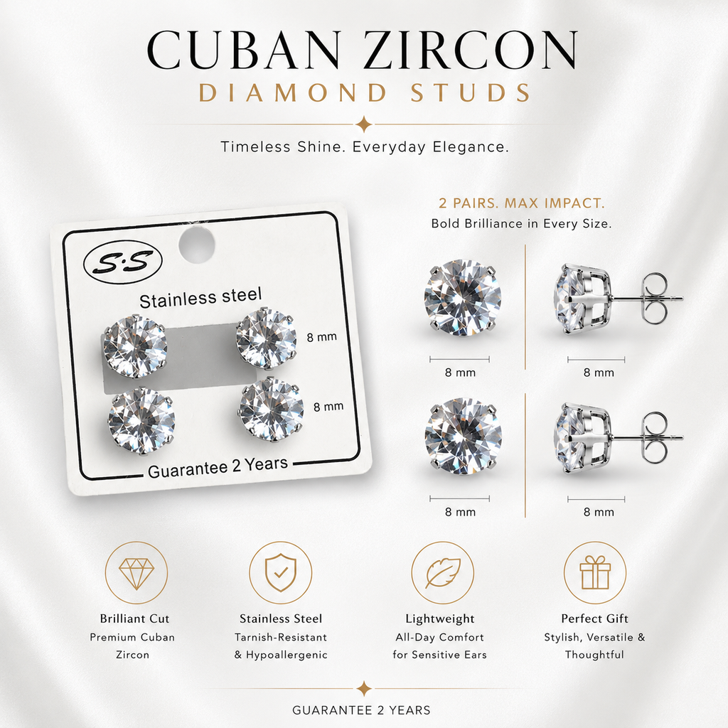 Twin 8mm Cuban Zircon Stud Earrings Set