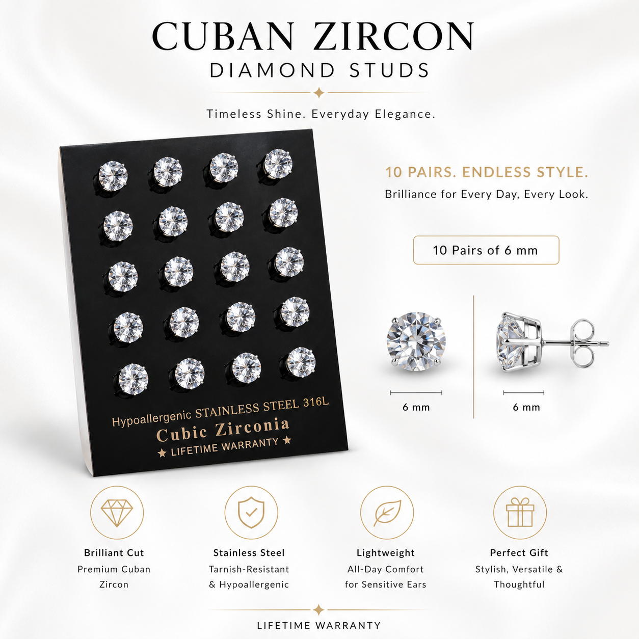 10: X Circle Cuban Zircon Diamond Studs UNISEX Set of 20pcs. (6 MM)