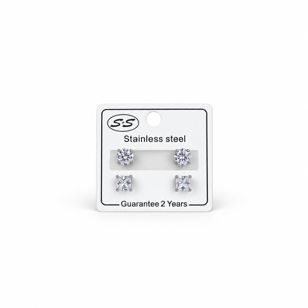 Classic Circle & Square Comb Cuban Zircon Stud Earrings (6mm set)