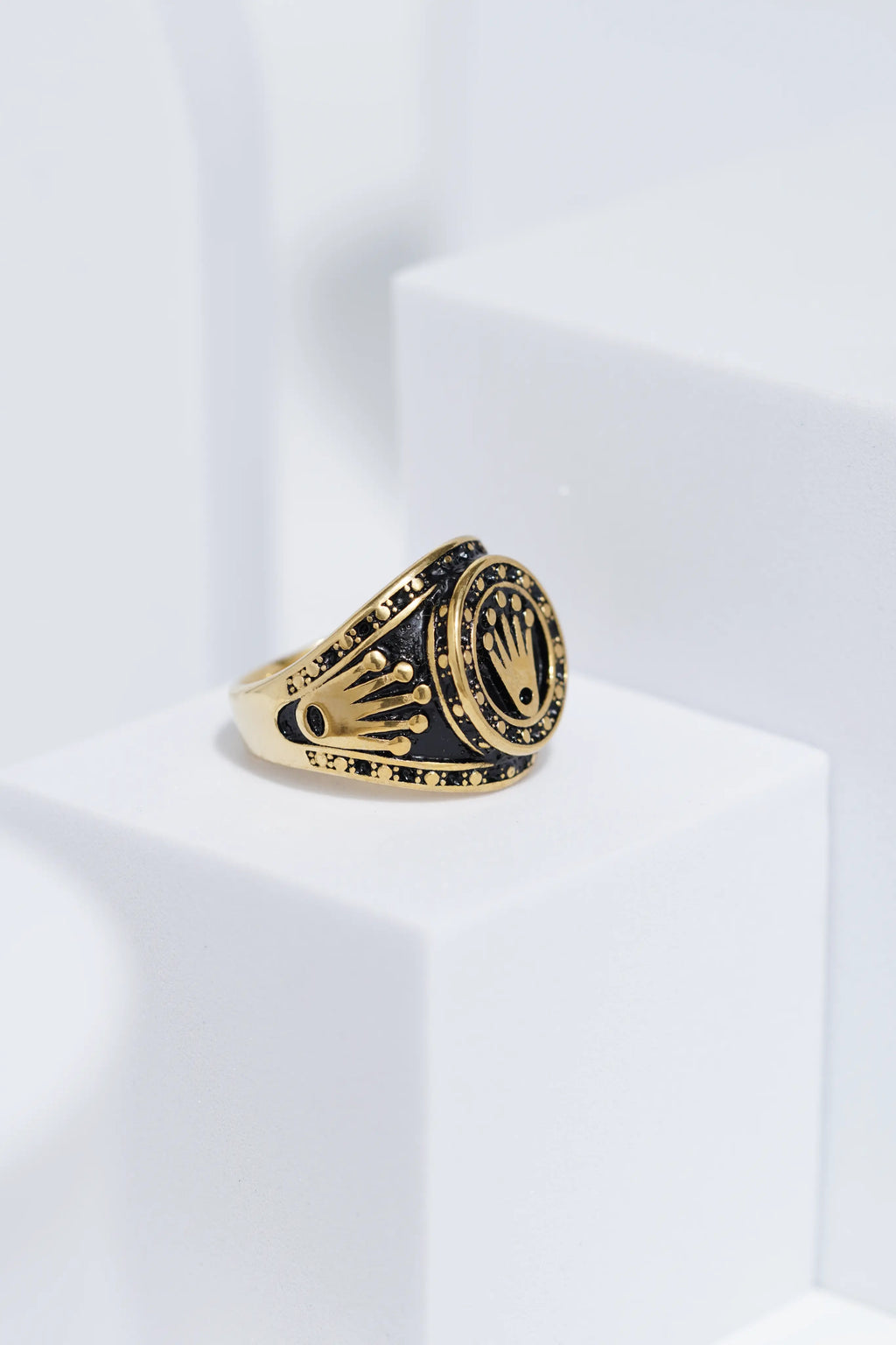 Crown Embossed Black Polish In Golden Color Stainless Steel Ring For Men. worldjewel.in men's ring
