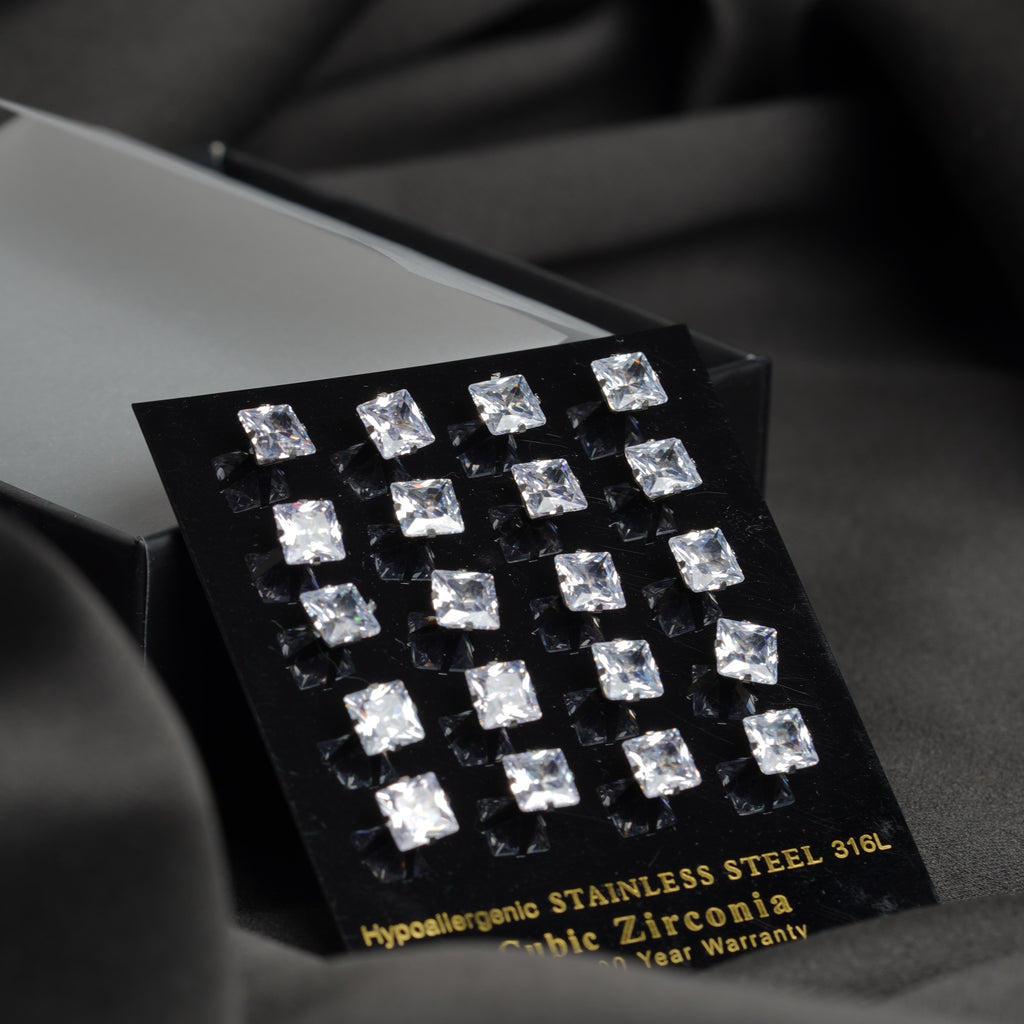 9: XL Square Cuban Zircon Diamound Studs UNISEX Set of 20pcs. (6 MM)