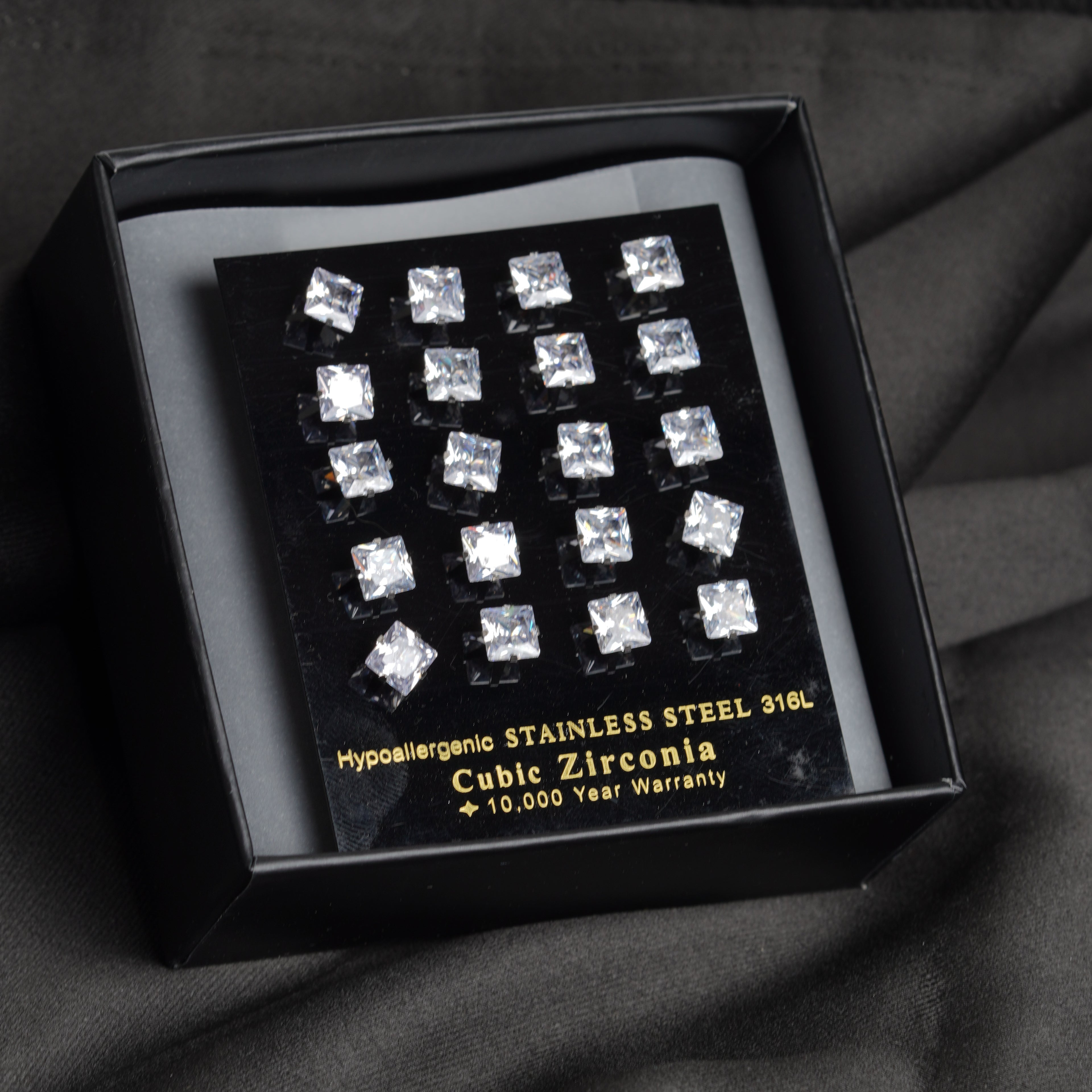 9: XL Square Cuban Zircon Diamound Studs UNISEX Set of 20pcs. (6 MM)