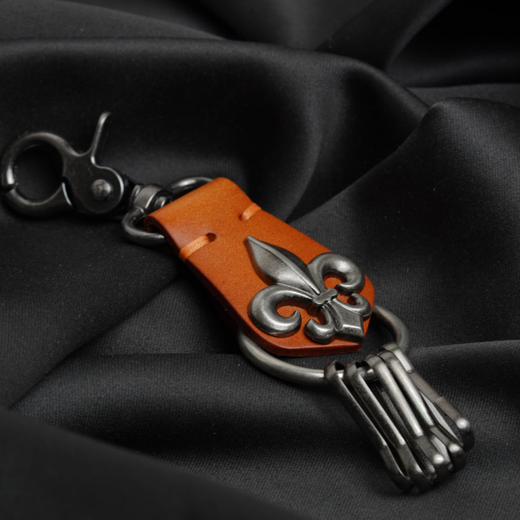 Gothic Fleur-de-lis Leather Keychain ( Burnt Orange )