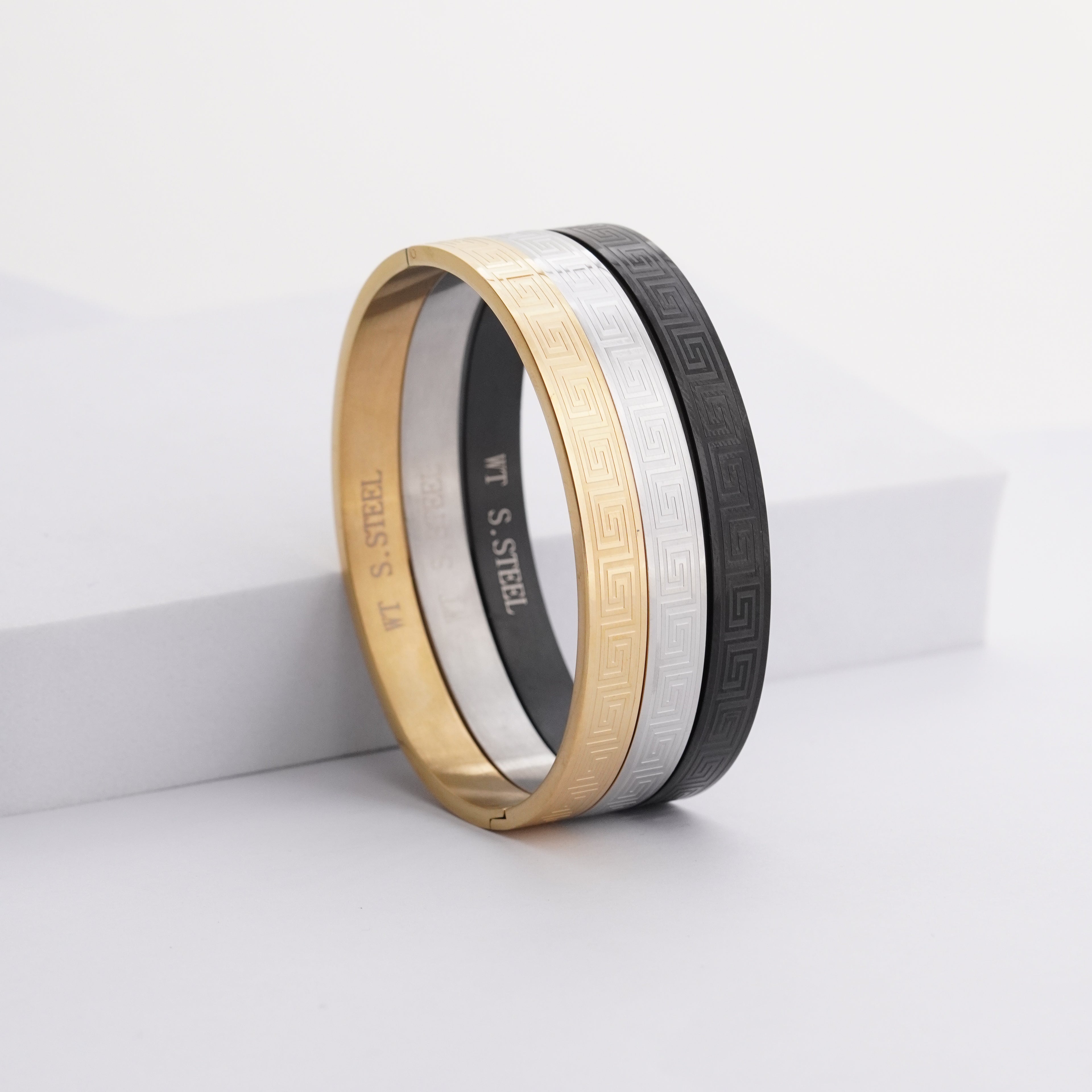 Greek Key Patterned Stainless Steel Kada