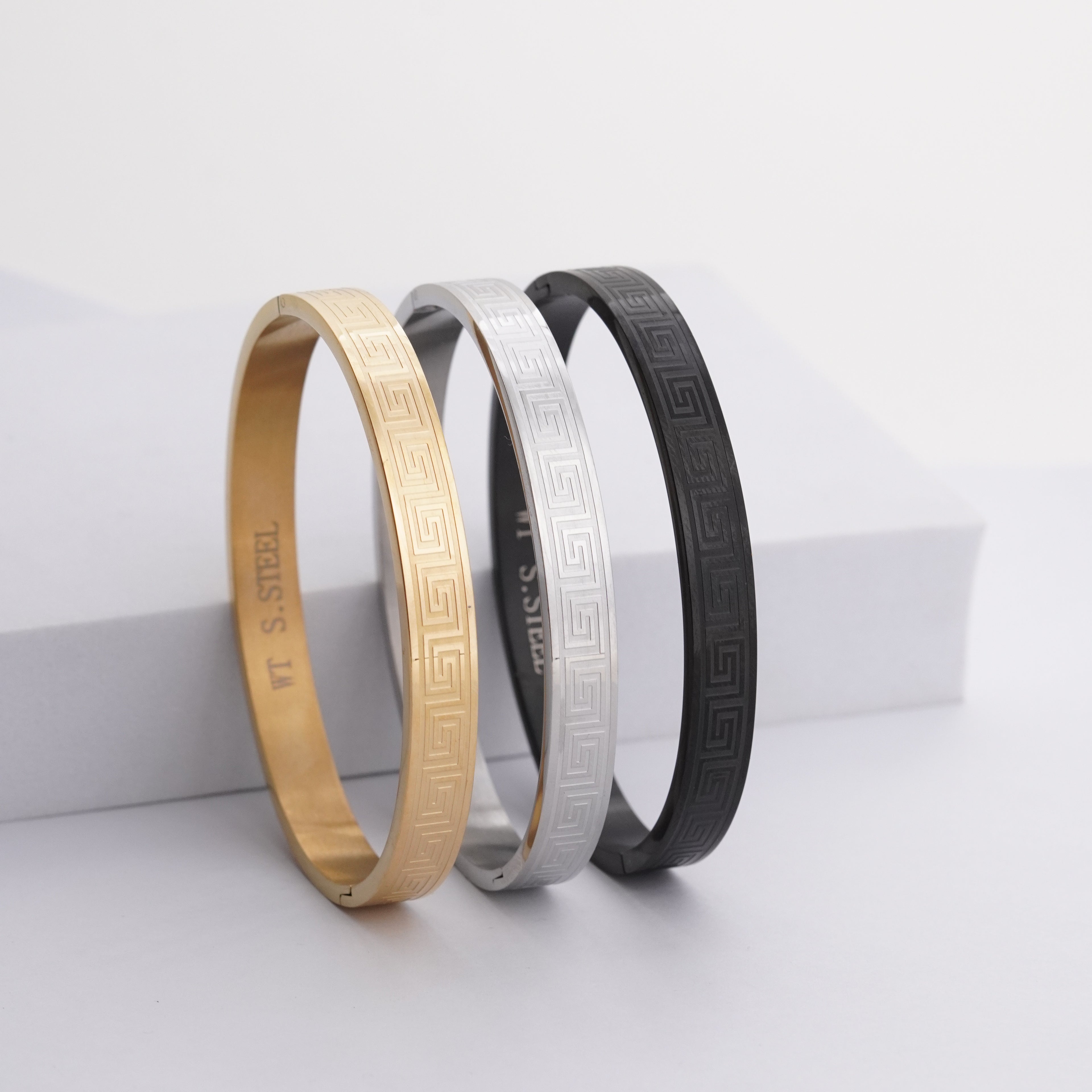 Greek Key Patterned Stainless Steel Kada