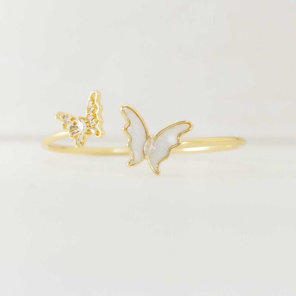 Dual Butterfly Pearl Inlay Gold Bracelet