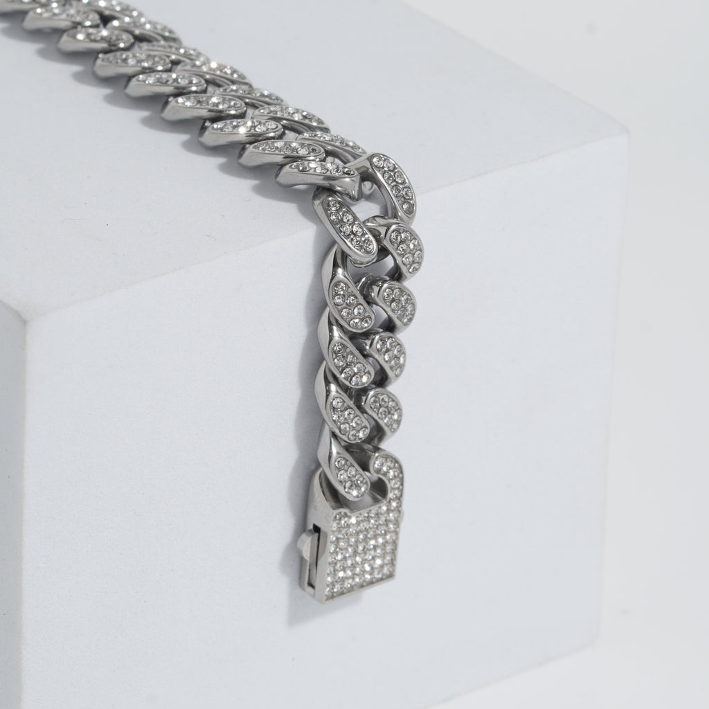 Silver Cuban chain Iced-out stainless steel bracelet for men.(zirconia diamond)