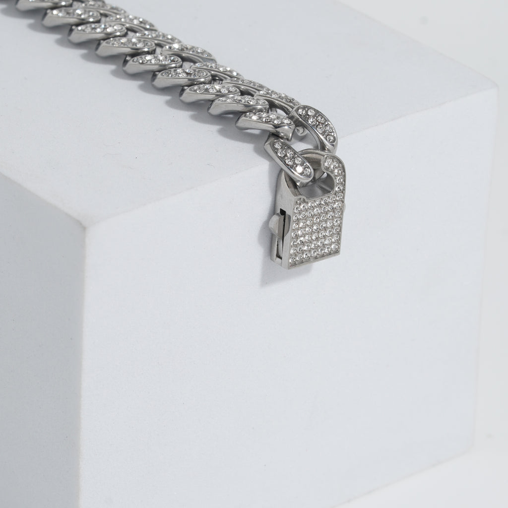 Silver Cuban chain Iced-out stainless steel bracelet for men.(zirconia diamond)