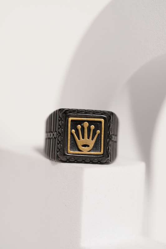 Matte Black & Golden Crown Stainless Steel Finger Ring For Men worldjewel.in men's ring