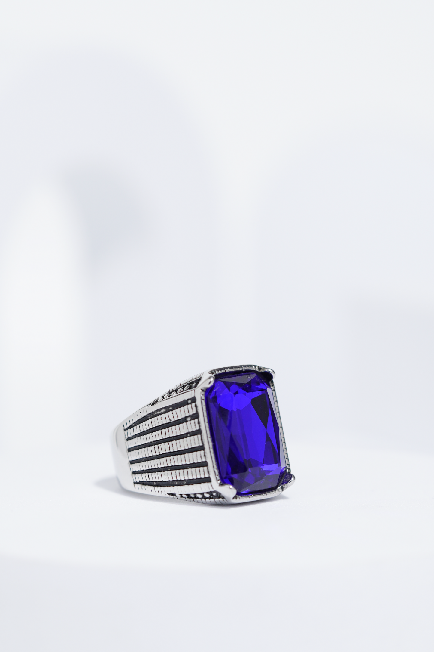Blue Stone Rectangle Silver Textured Turkish Ring For Men. worldjewel.in men's ring