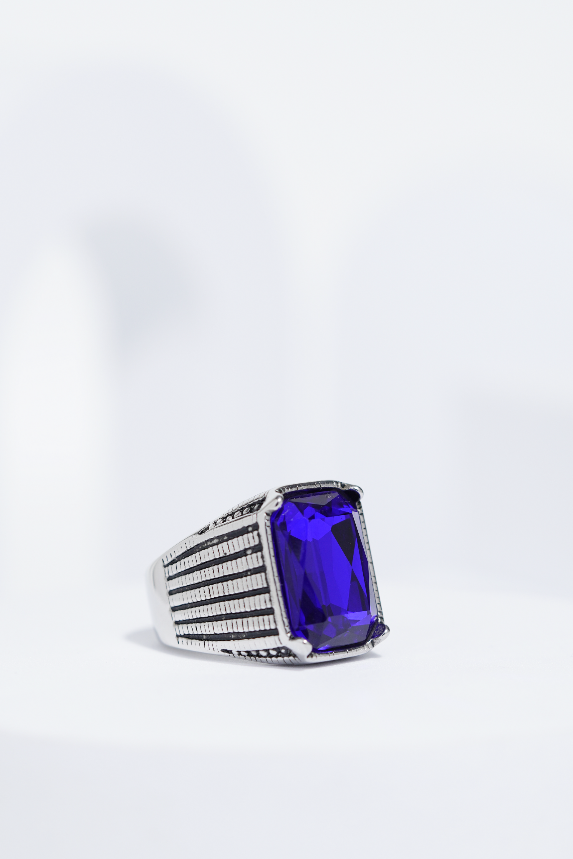 Blue Stone Rectangle Silver Textured Turkish Ring For Men. worldjewel.in men's ring