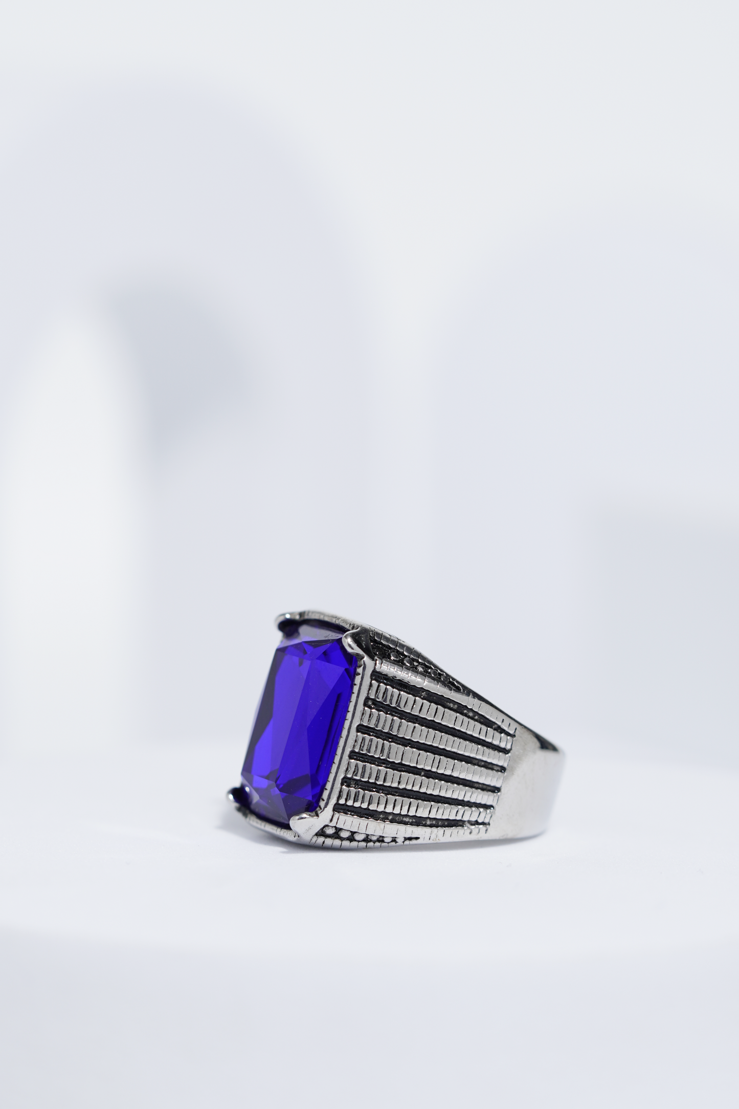 Blue Stone Rectangle Silver Textured Turkish Ring For Men. worldjewel.in men's ring
