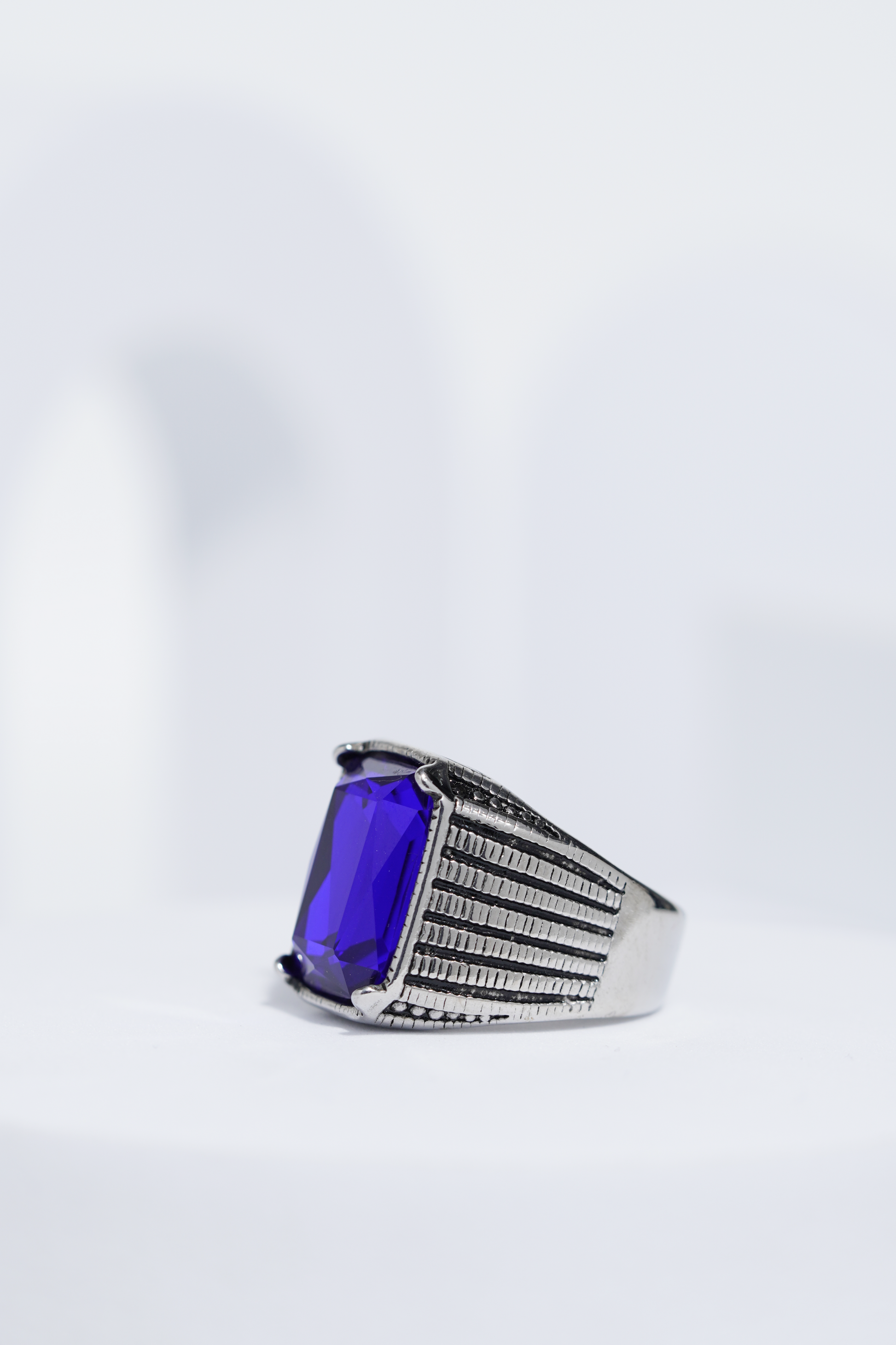 Blue Stone Rectangle Silver Textured Turkish Ring For Men. worldjewel.in men's ring