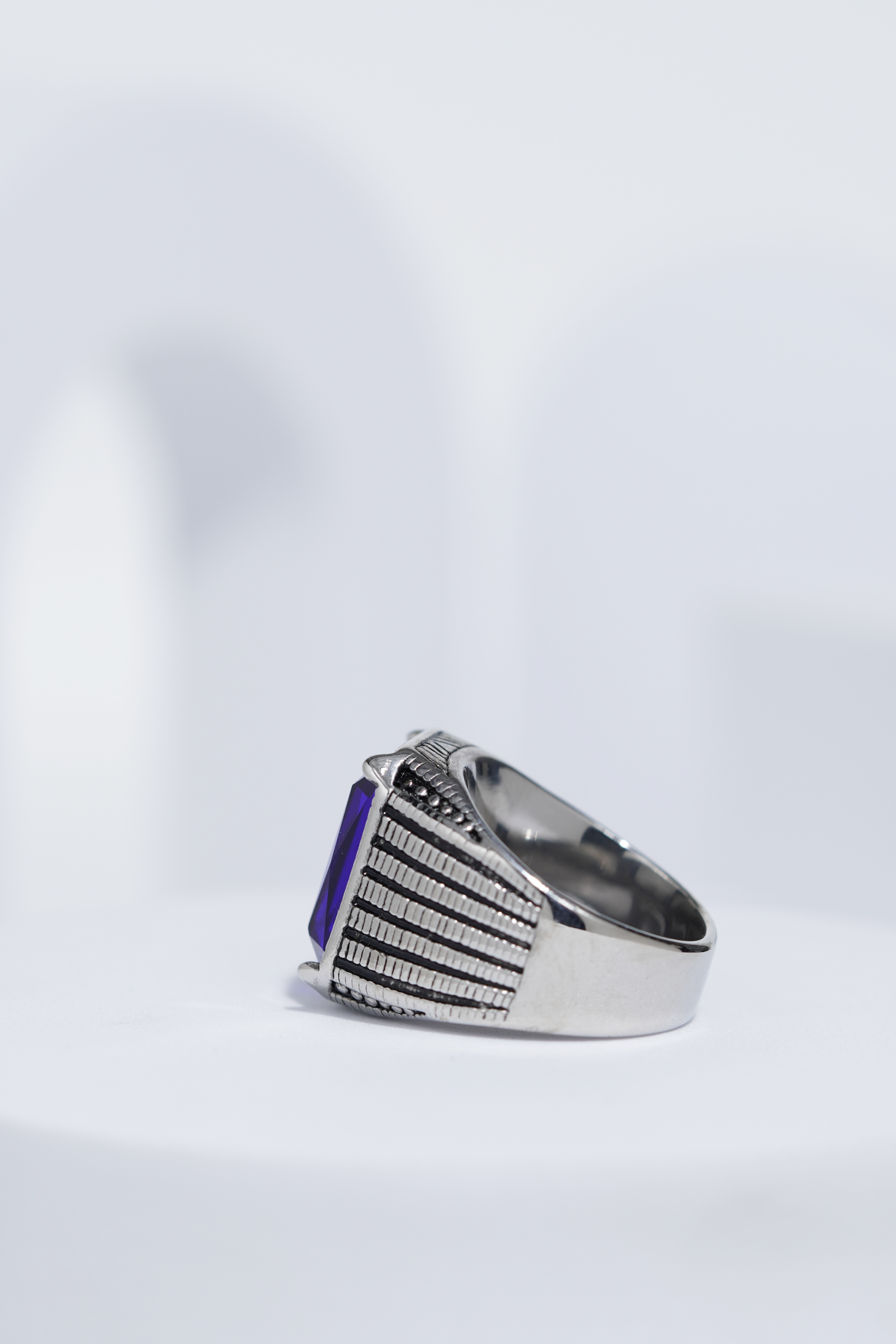 Blue Stone Rectangle Silver Textured Turkish Ring For Men. worldjewel.in men's ring