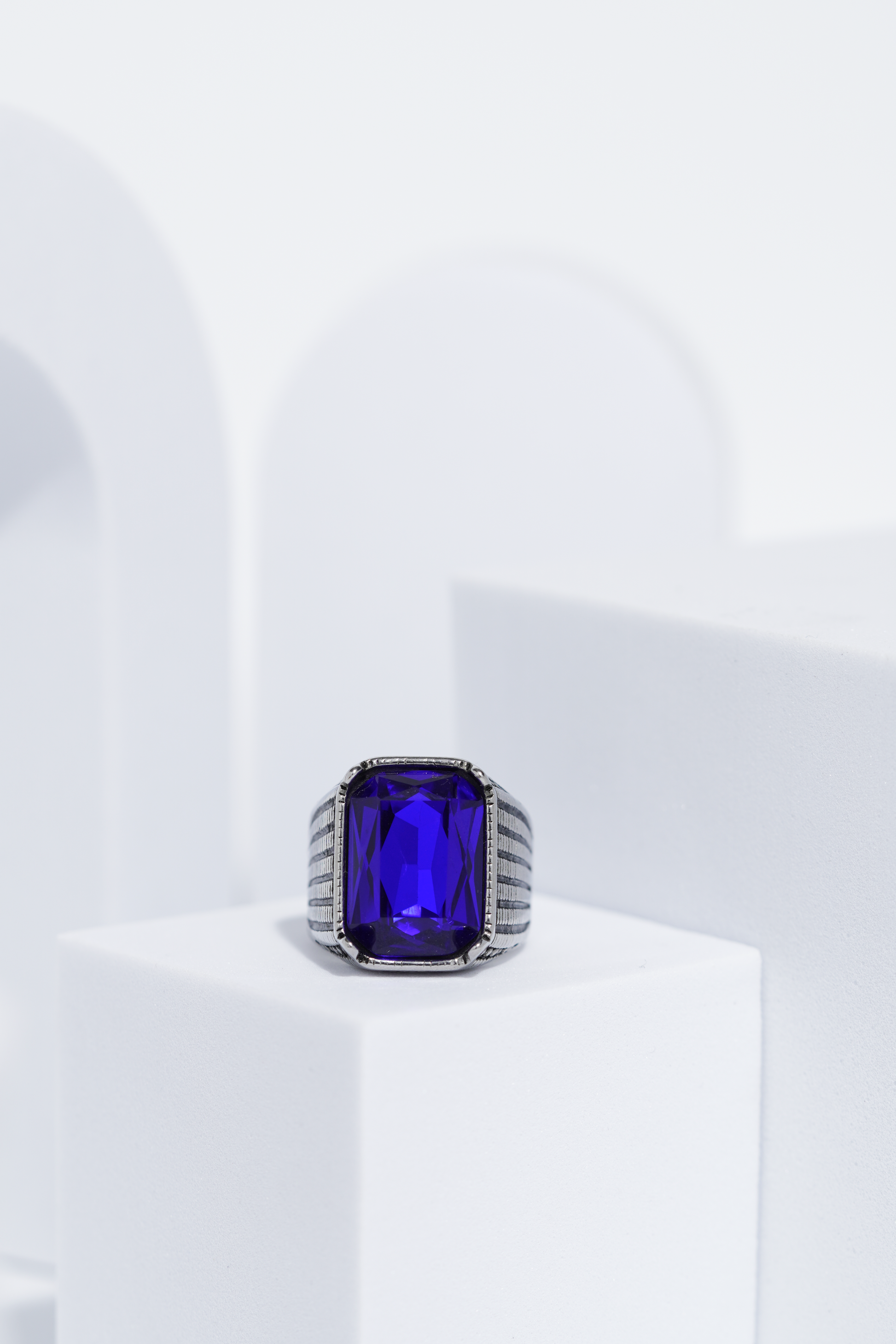Blue Stone Rectangle Silver Textured Turkish Ring For Men. worldjewel.in men's ring
