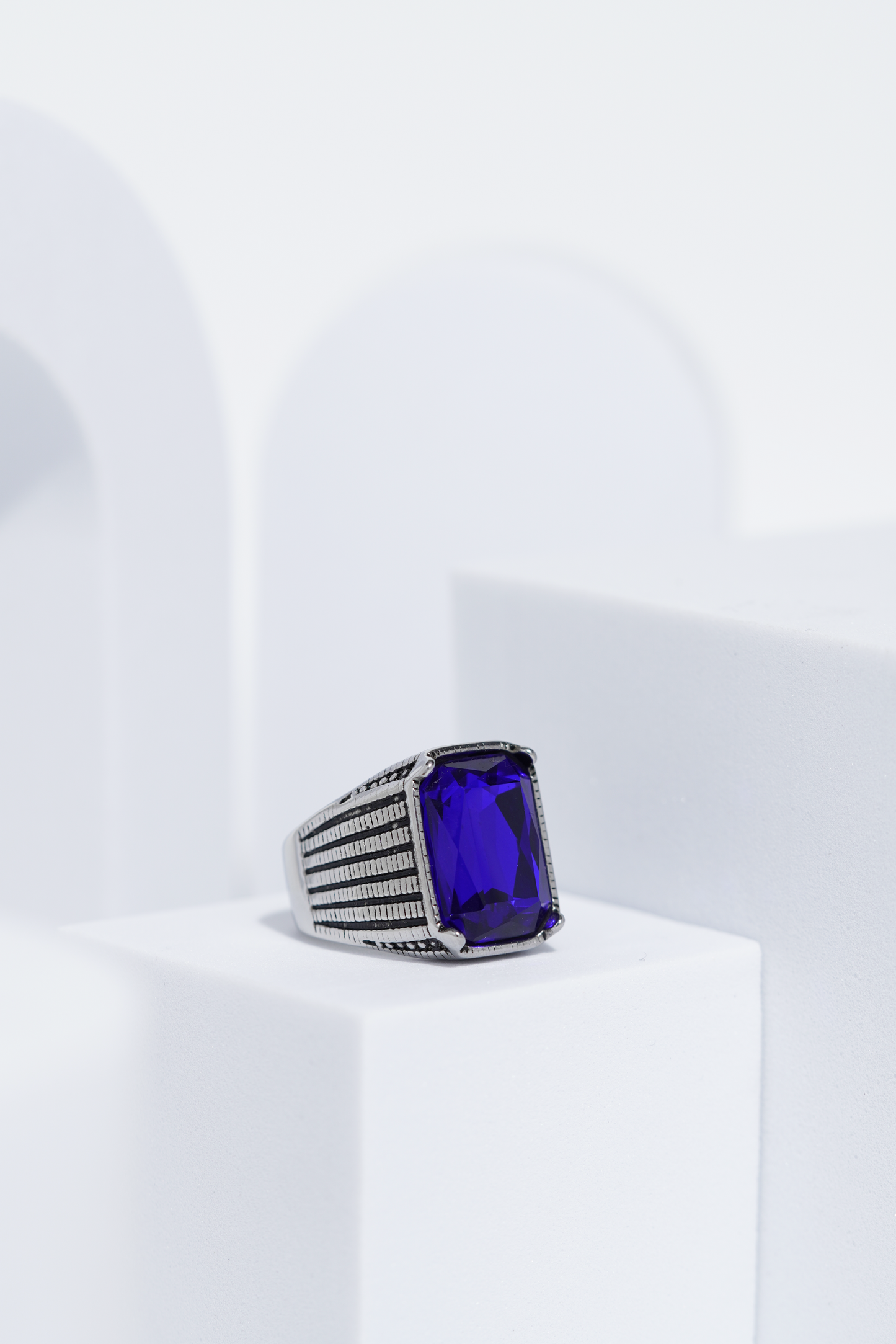 Blue Stone Rectangle Silver Textured Turkish Ring For Men. worldjewel.in men's ring