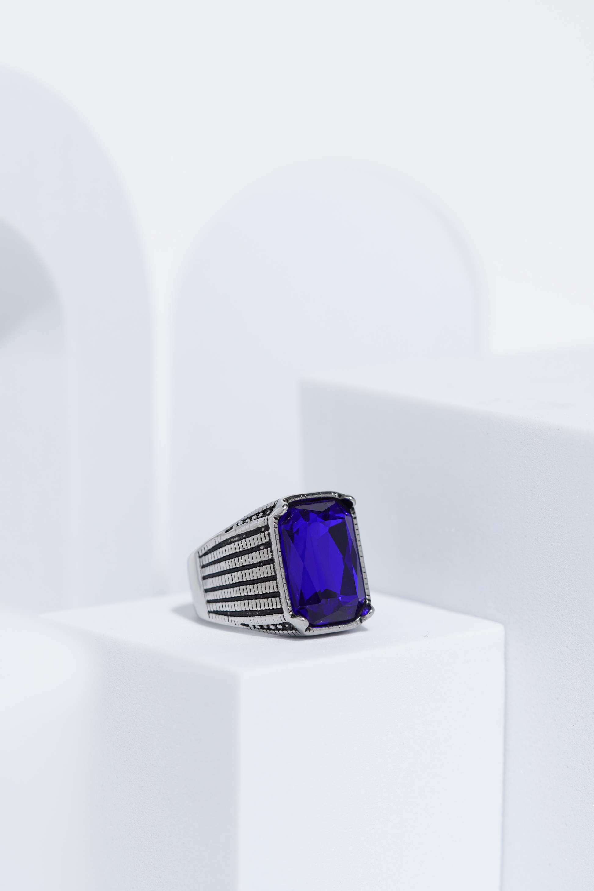 Blue Stone Rectangle Silver Textured Turkish Ring For Men. worldjewel.in men's ring