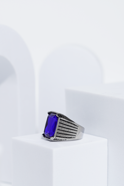 Blue Stone Rectangle Silver Textured Turkish Ring For Men. worldjewel.in men's ring