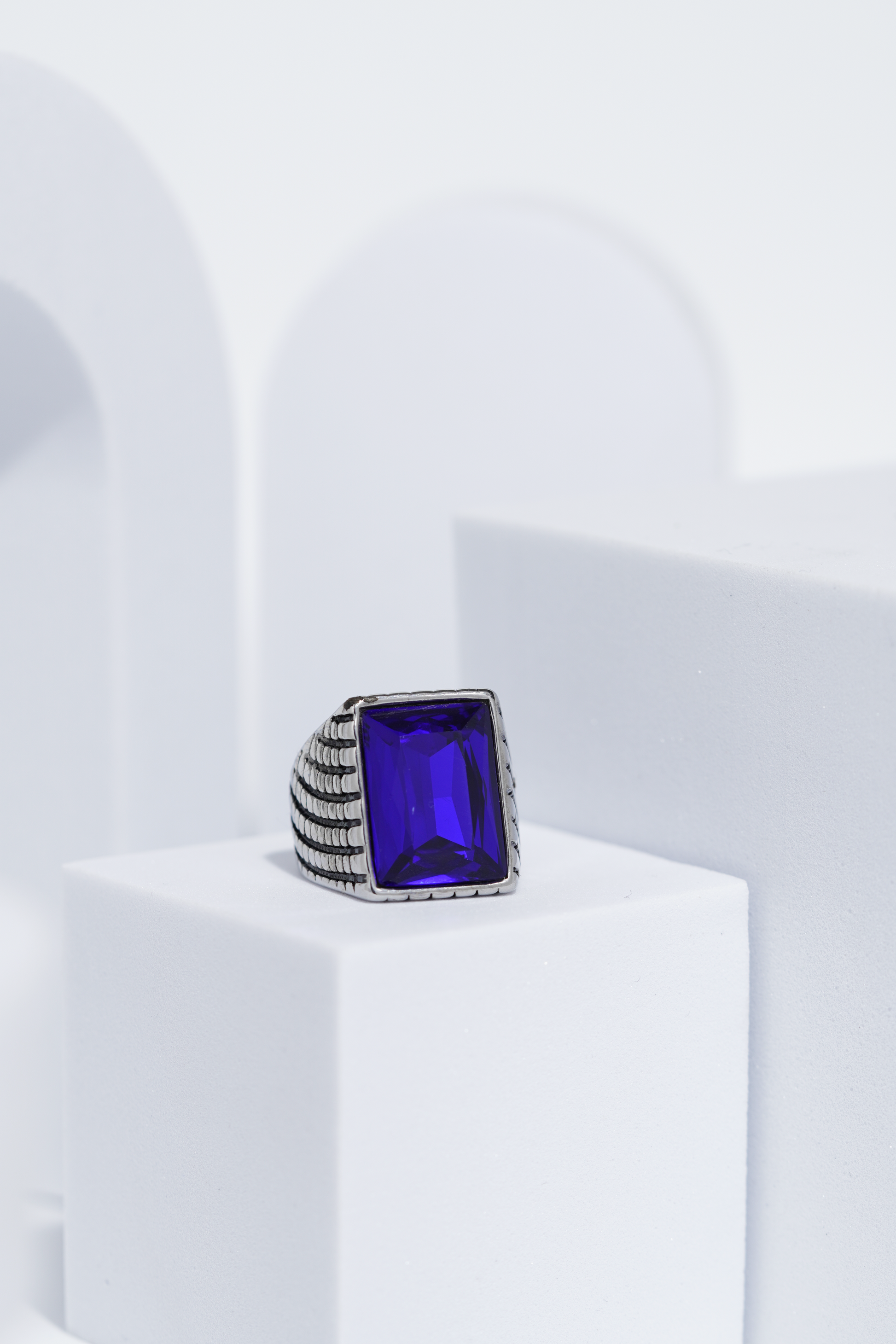 Blue Cut Stone Rectangle Silver Textured Turkish Ring For Men. worldjewel.in men's ring