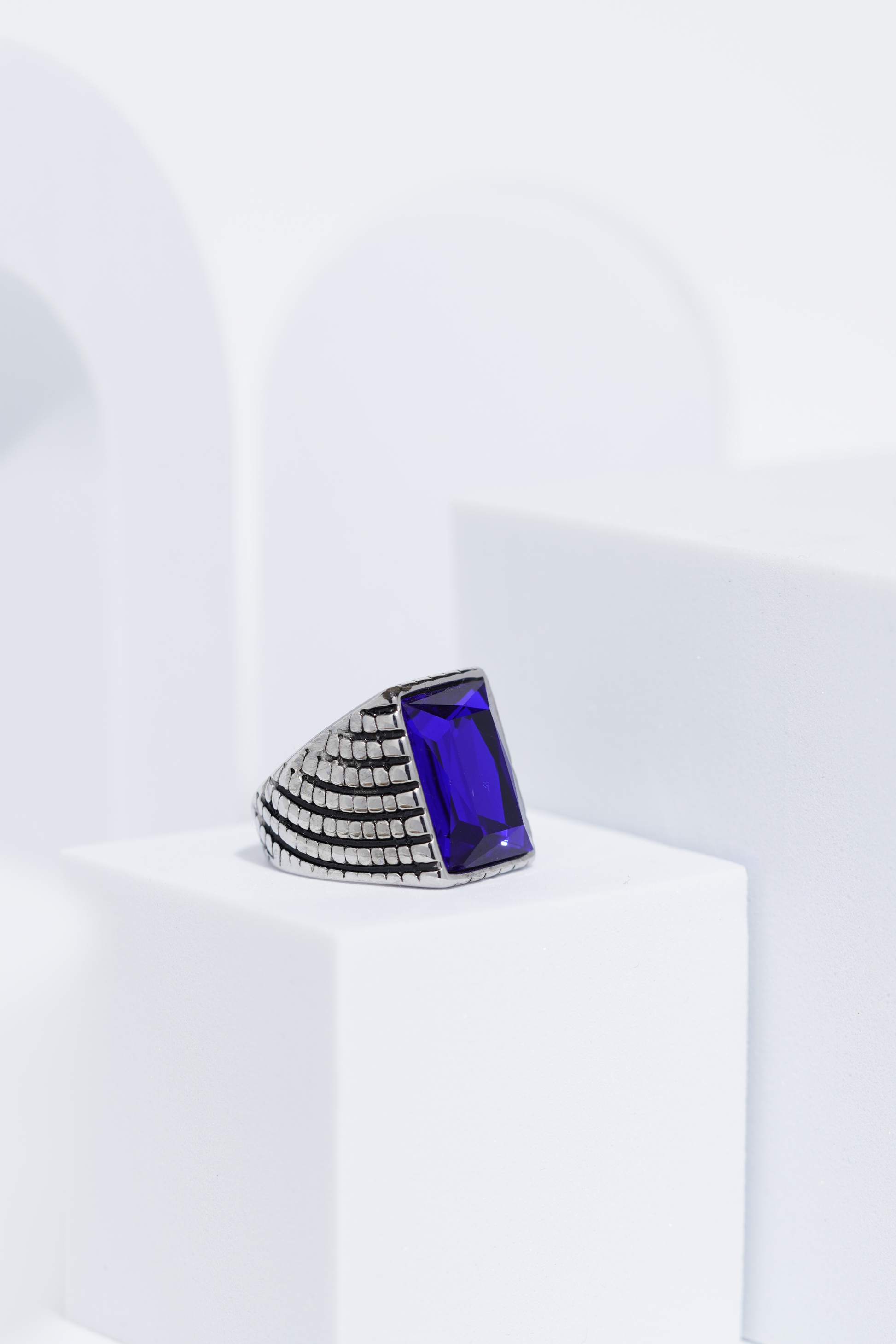 Blue Cut Stone Rectangle Silver Textured Turkish Ring For Men. worldjewel.in men's ring