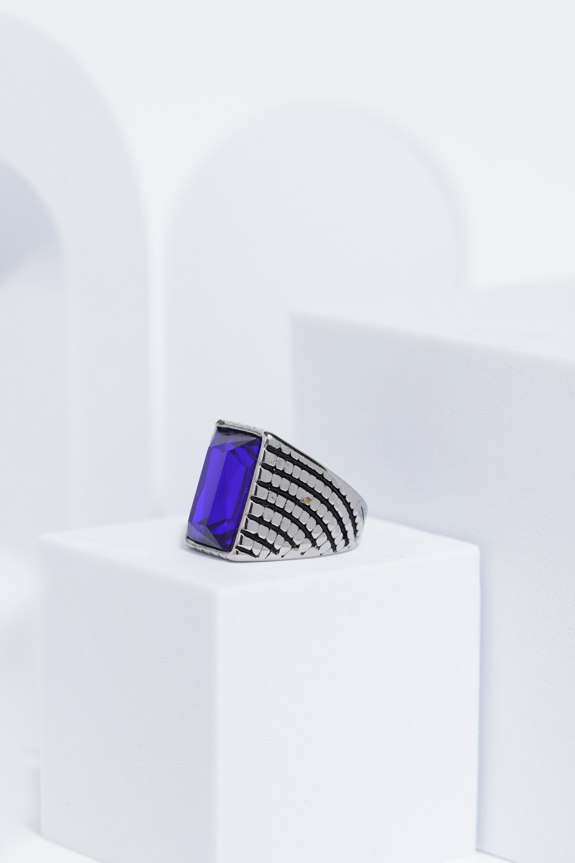 Blue Cut Stone Rectangle Silver Textured Turkish Ring For Men. worldjewel.in men's ring