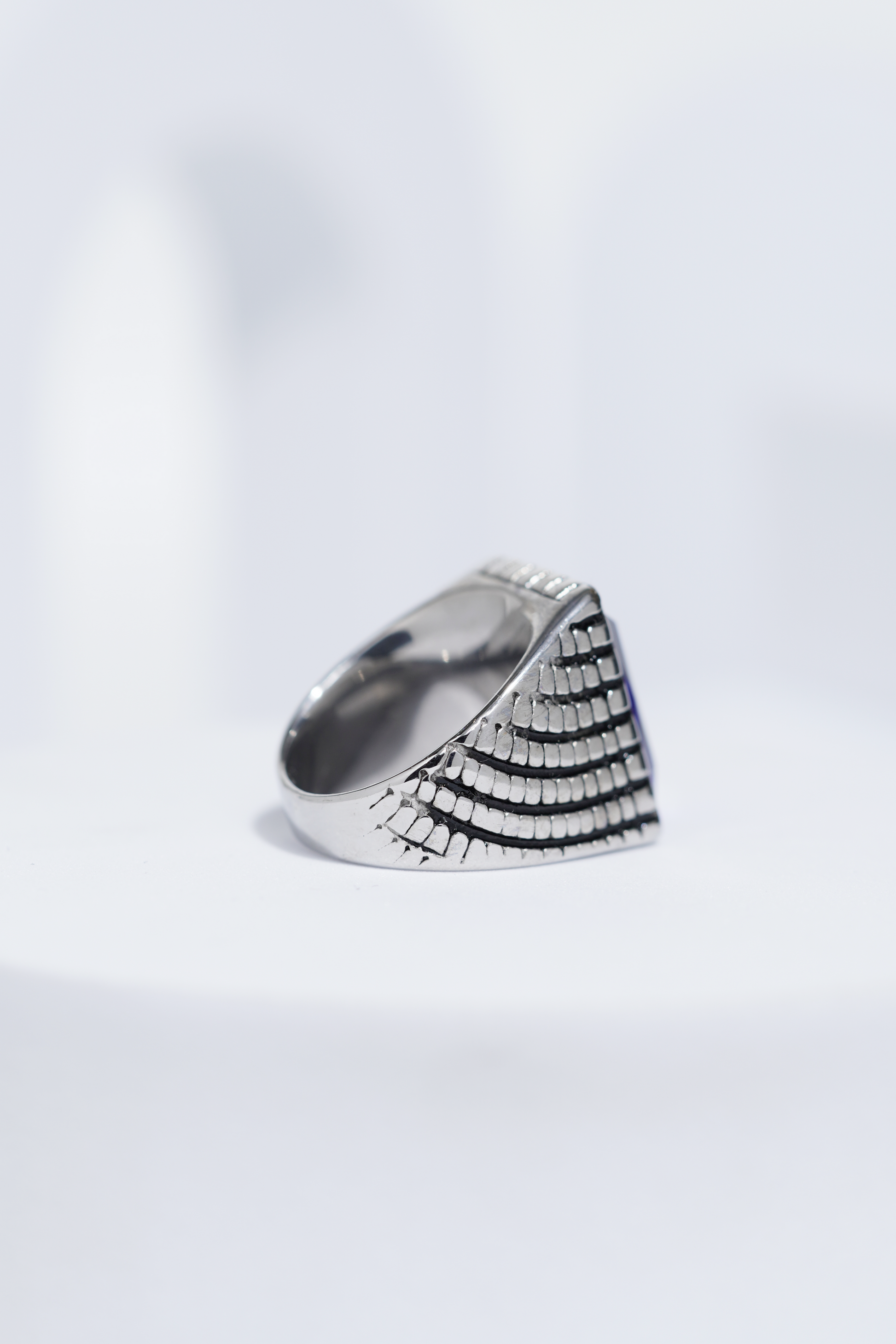 Blue Cut Stone Rectangle Silver Textured Turkish Ring For Men. worldjewel.in men's ring