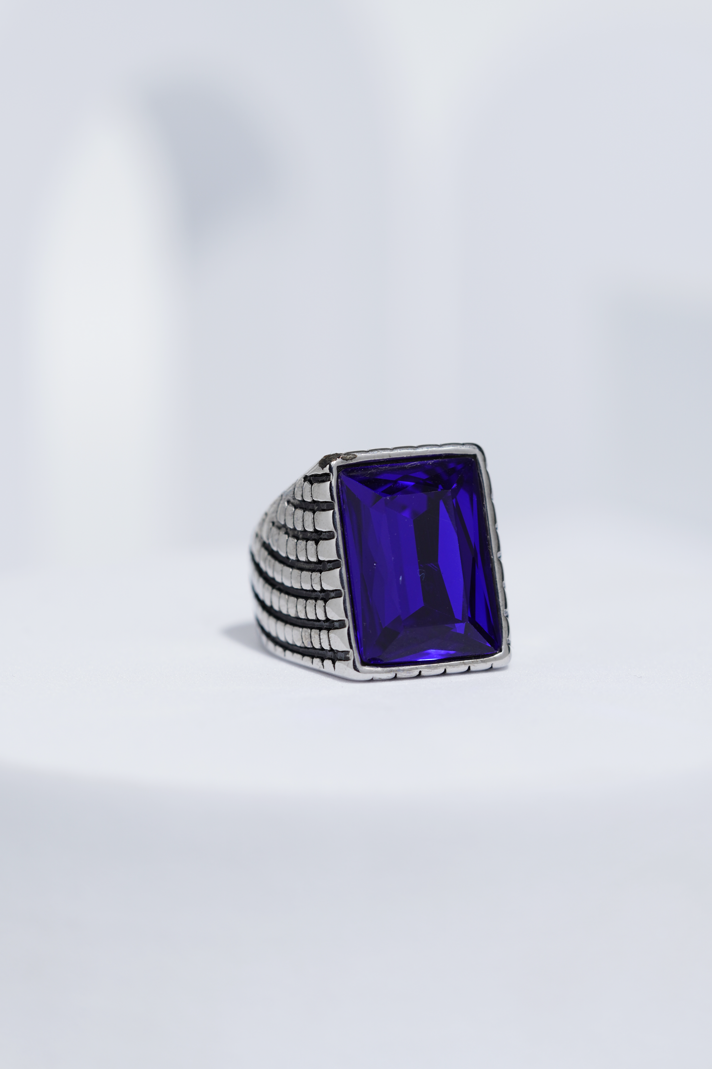 Blue Cut Stone Rectangle Silver Textured Turkish Ring For Men. worldjewel.in men's ring