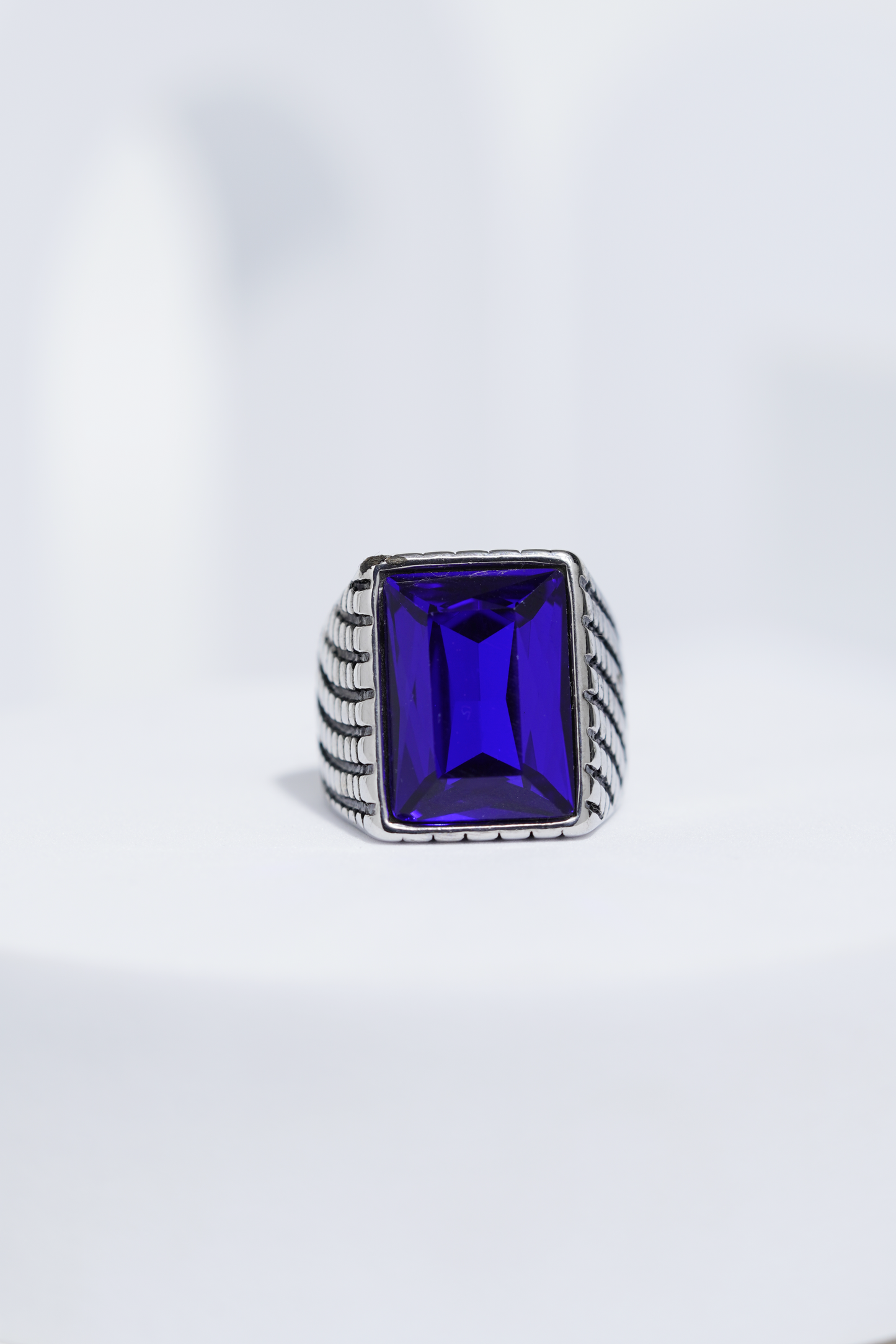 Blue Cut Stone Rectangle Silver Textured Turkish Ring For Men. worldjewel.in men's ring