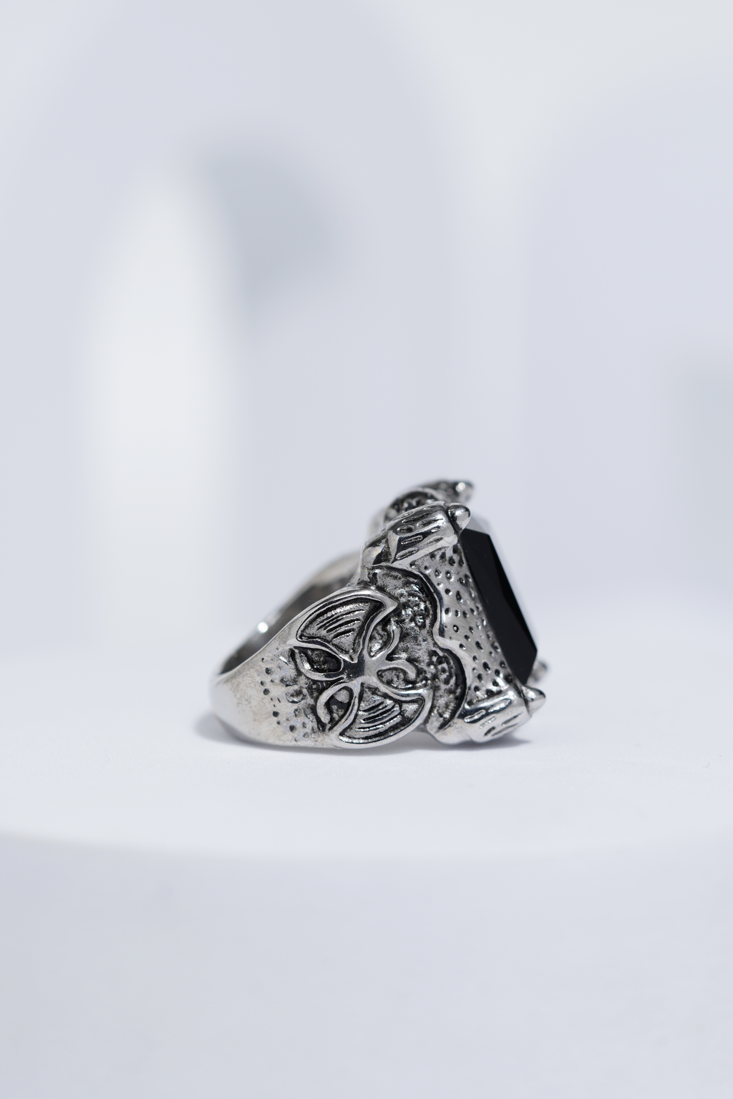 Black Stone Rectangle Silver Textured Turkish Ring For Men. worldjewel.in men's ring