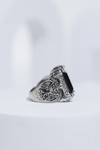 Black Stone Rectangle Silver Textured Turkish Ring For Men. worldjewel.in men's ring