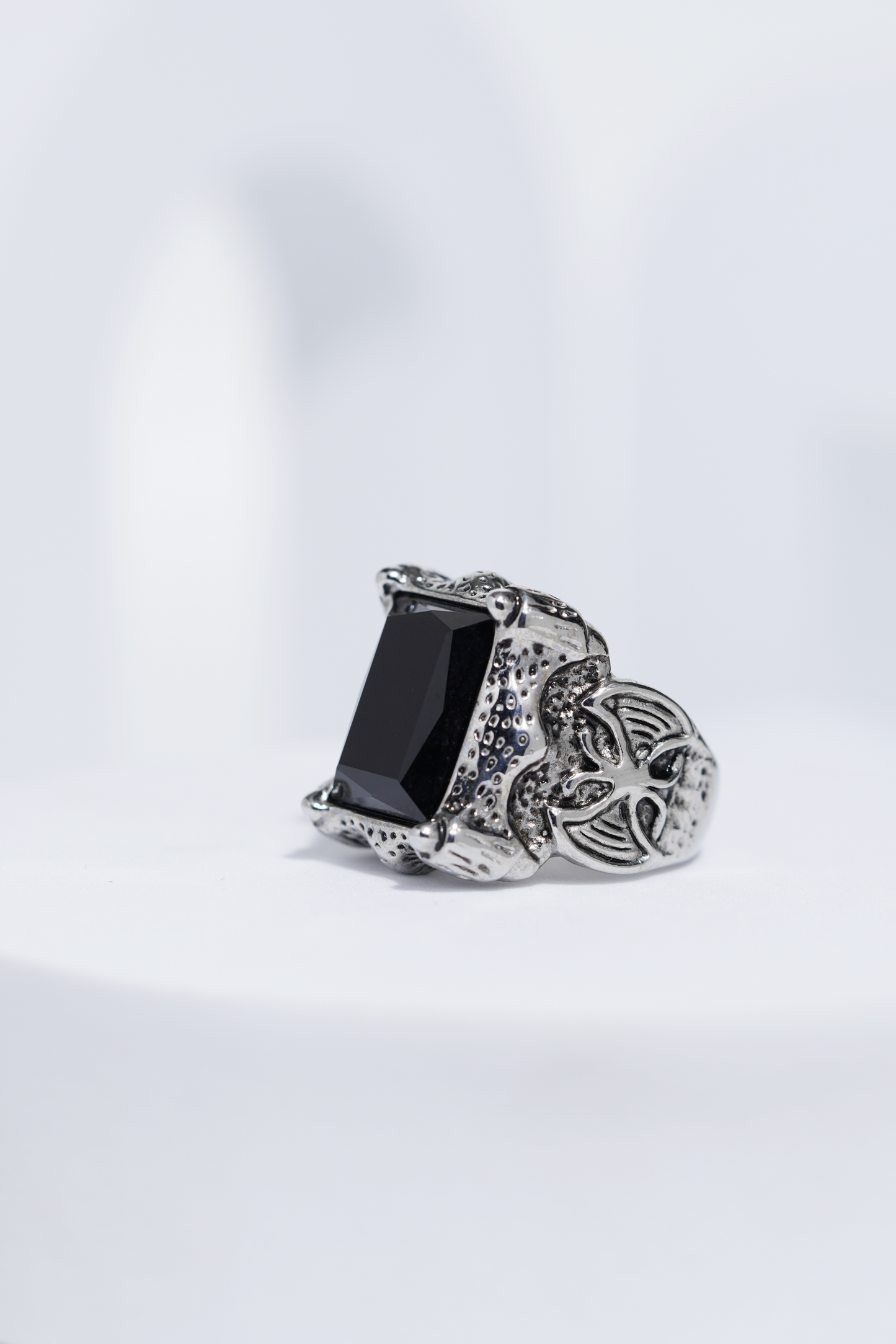 Black Stone Rectangle Silver Textured Turkish Ring For Men. worldjewel.in men's ring