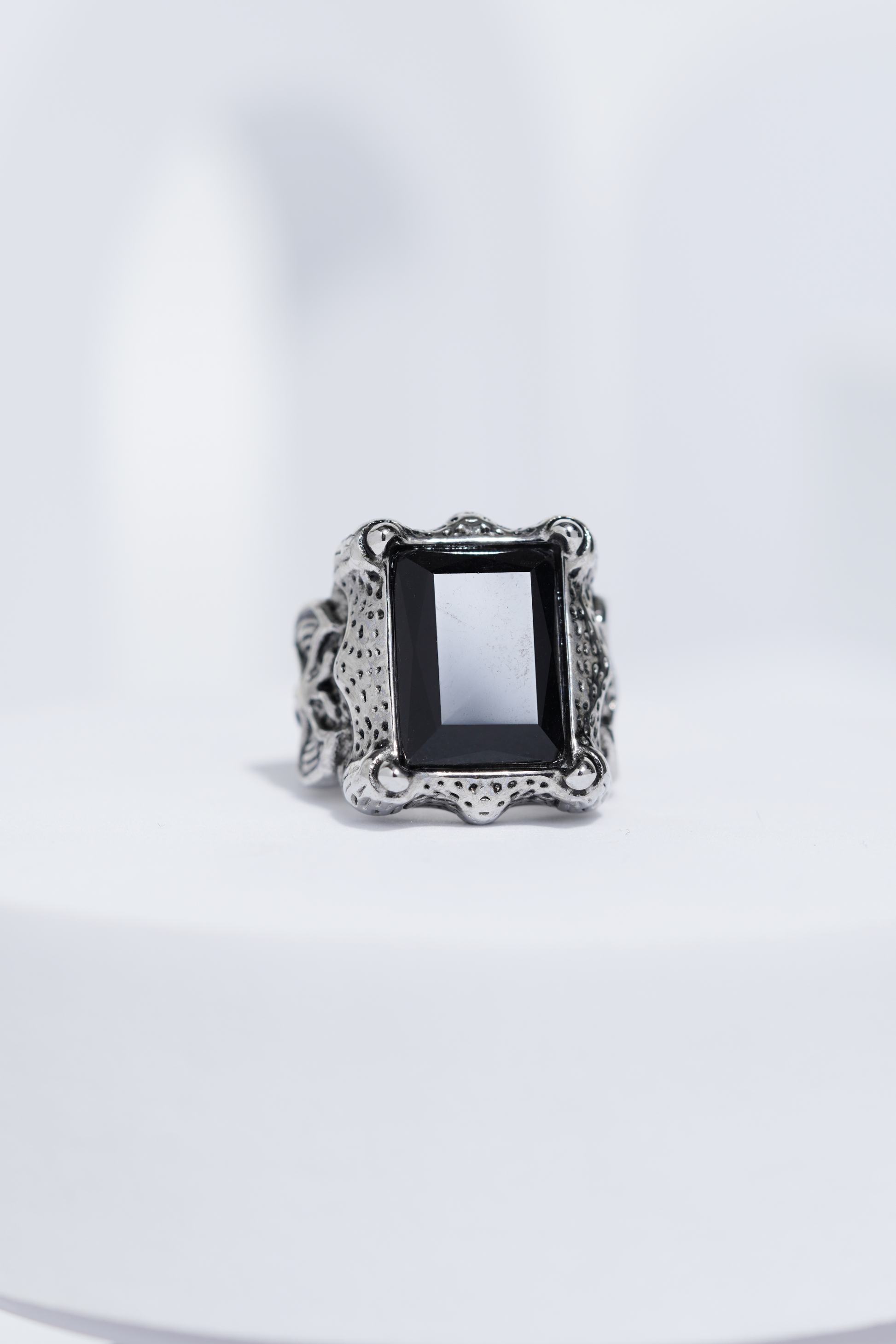 Black Stone Rectangle Silver Textured Turkish Ring For Men. worldjewel.in men's ring