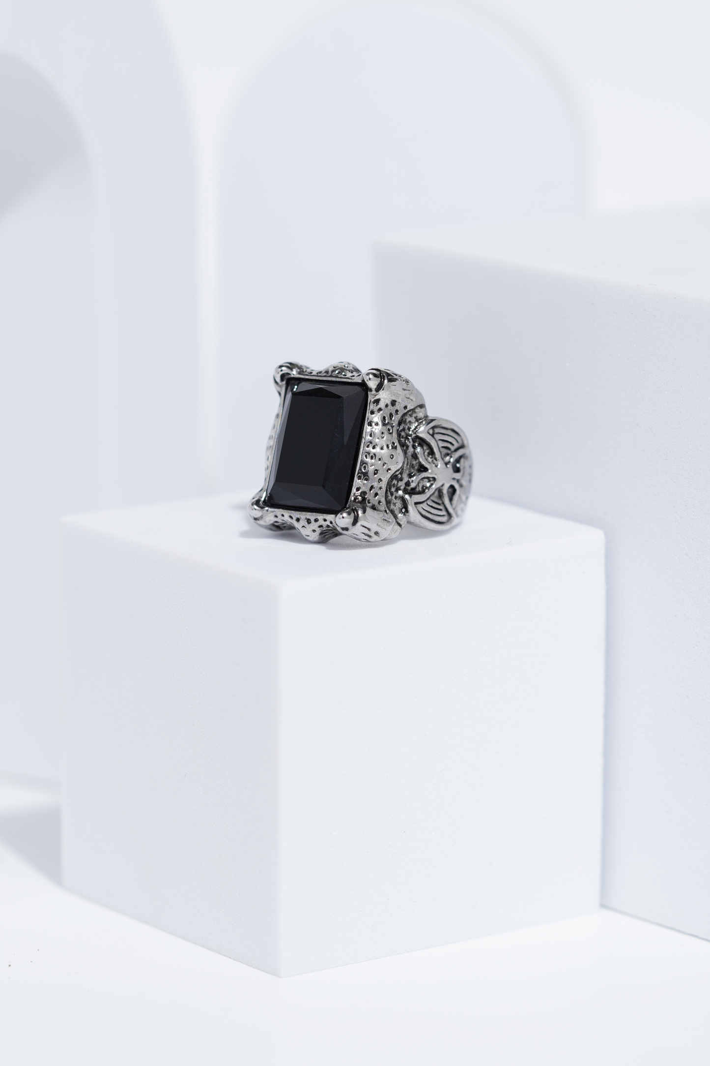 Black Stone Rectangle Silver Textured Turkish Ring For Men. worldjewel.in men's ring