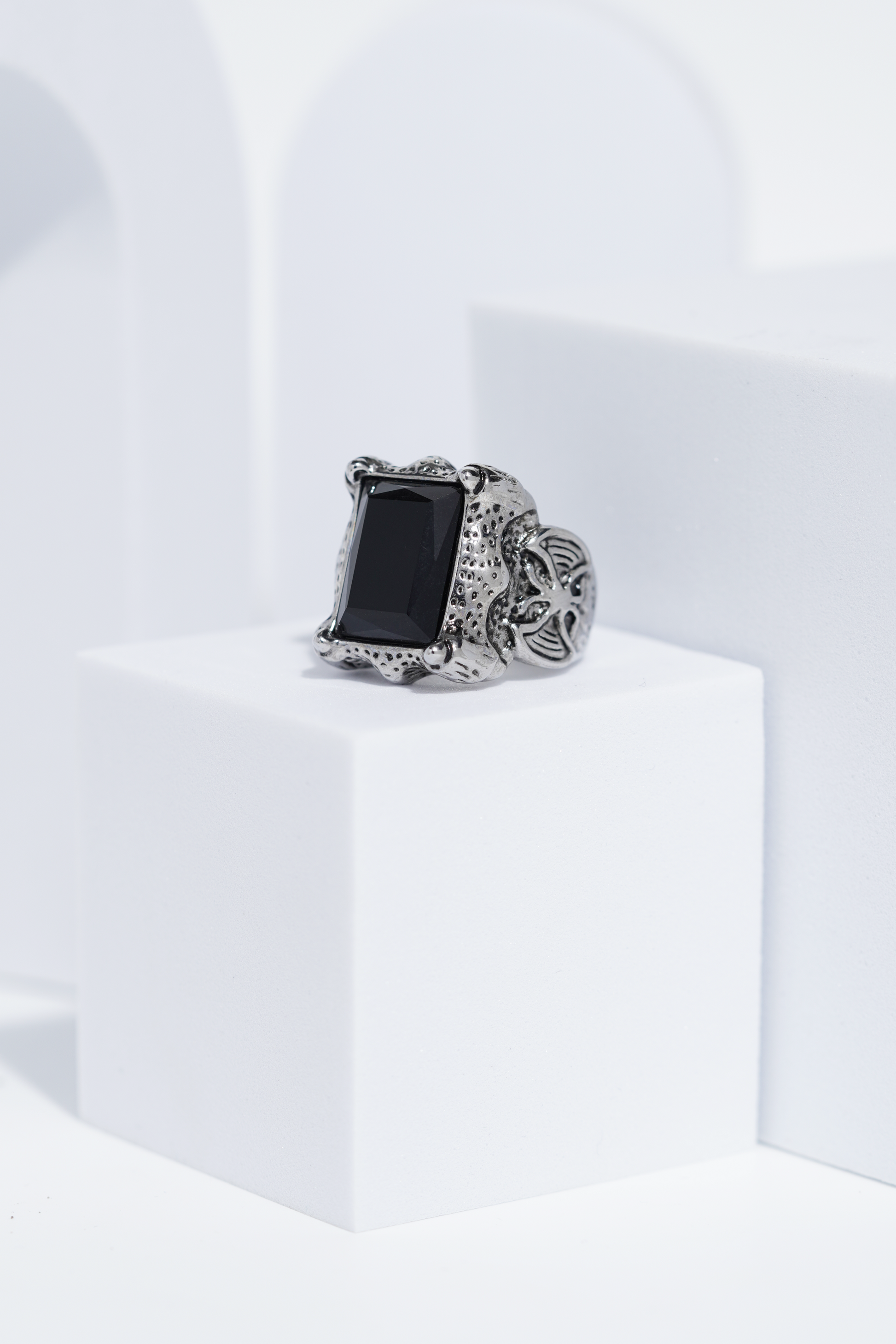 Black Stone Rectangle Silver Textured Turkish Ring For Men. worldjewel.in men's ring