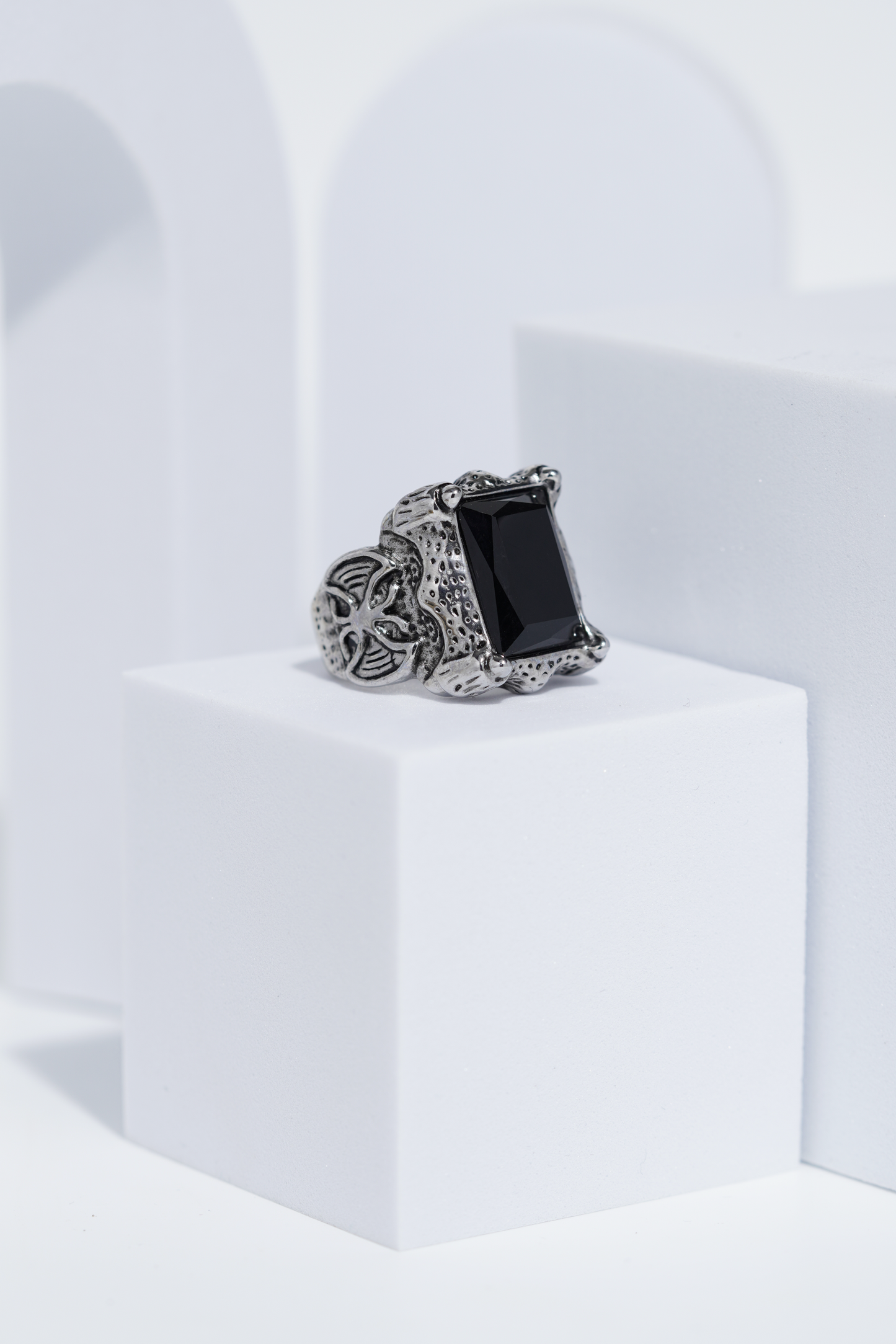 Black Stone Rectangle Silver Textured Turkish Ring For Men. worldjewel.in men's ring