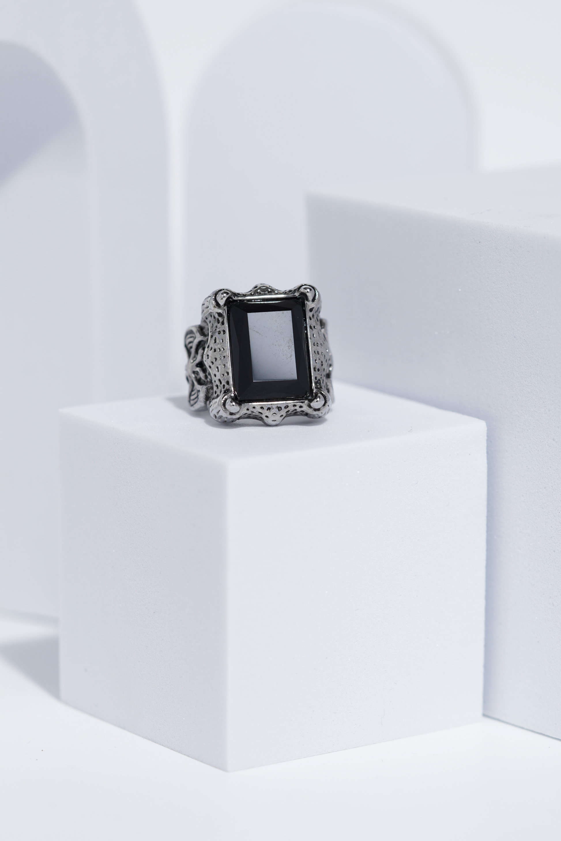 Black Stone Rectangle Silver Textured Turkish Ring For Men. worldjewel.in men's ring