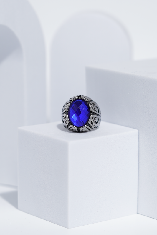 Blue Oval Cut Gem Silver Textured Turkish Ring For Men. worldjewel.in men's ring