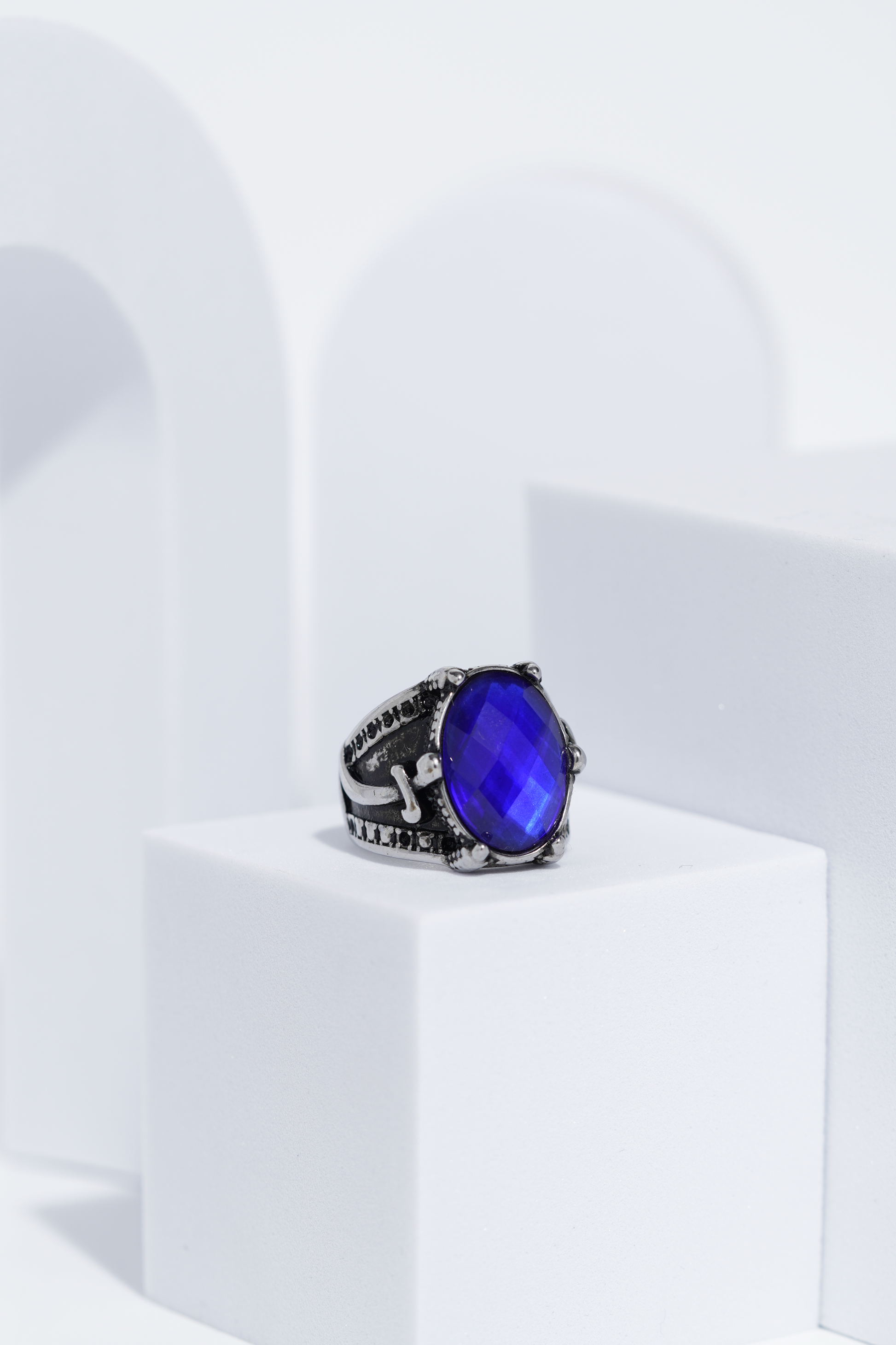 Blue Stone Silver Stone Textured Turkish Ring For Men. worldjewel.in men's ring