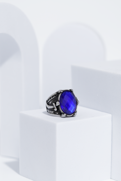 Blue Stone Silver Stone Textured Turkish Ring For Men. worldjewel.in men's ring