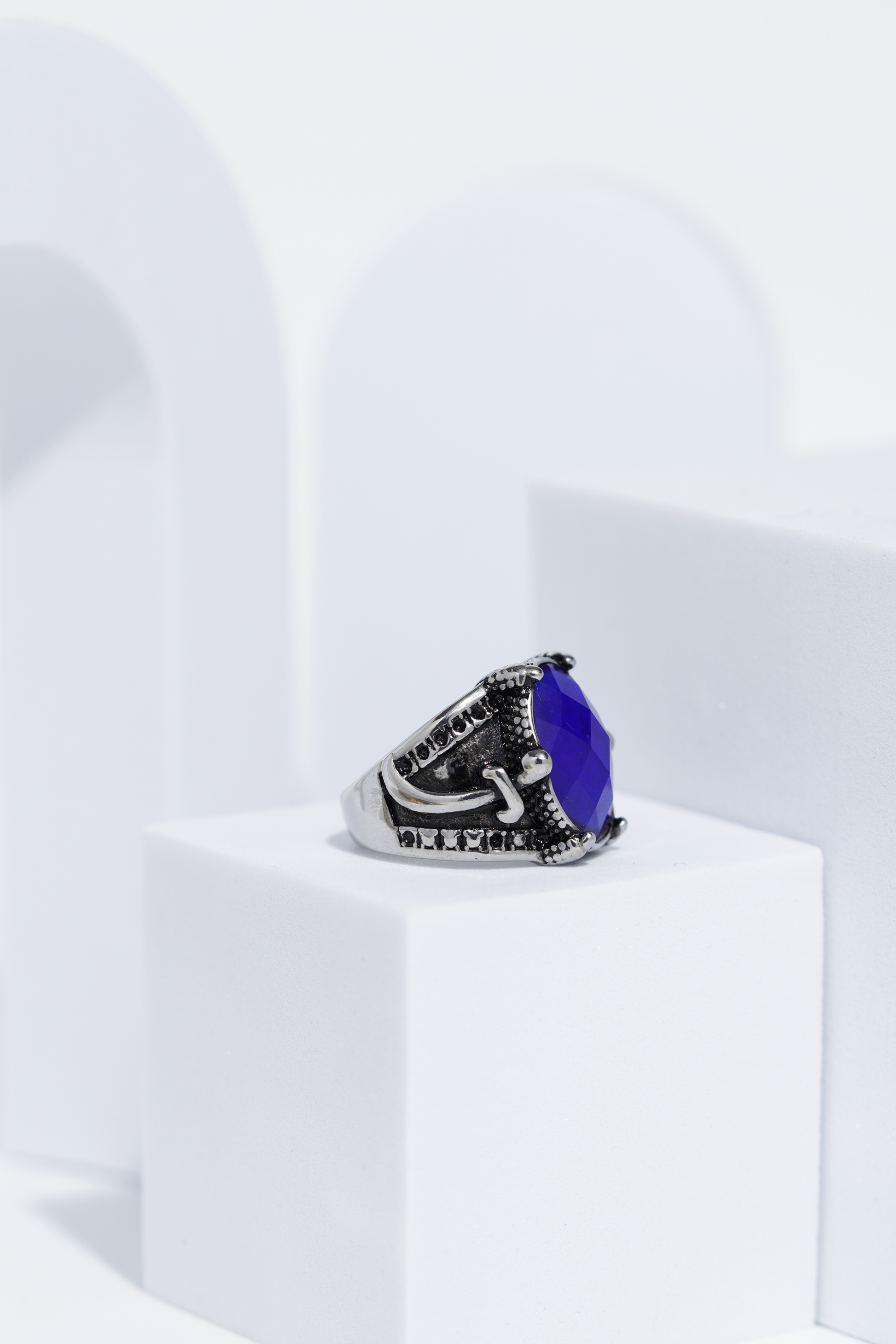 Blue Stone Silver Stone Textured Turkish Ring For Men. worldjewel.in men's ring