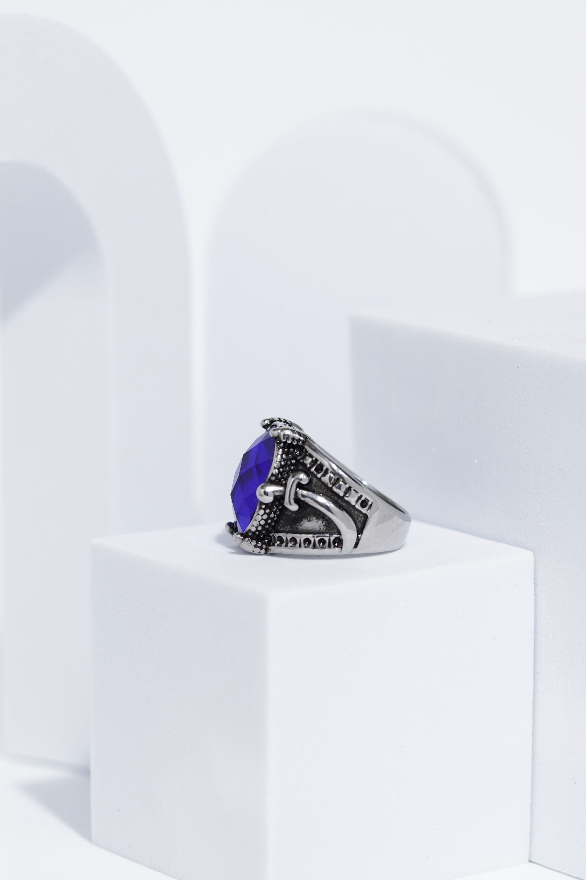 Blue Stone Silver Stone Textured Turkish Ring For Men. worldjewel.in men's ring