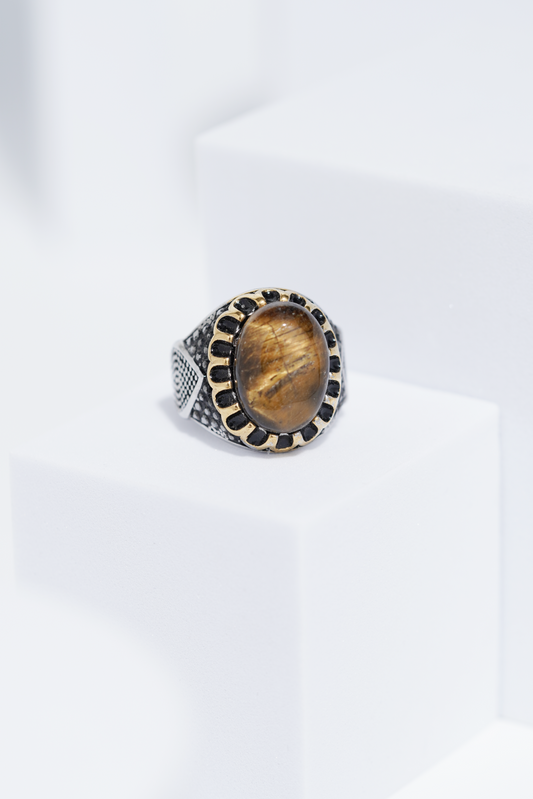 Brown Oval Stone In Two-Tone Color Stainless Steel Ring For Men. worldjewel.in men's ring
