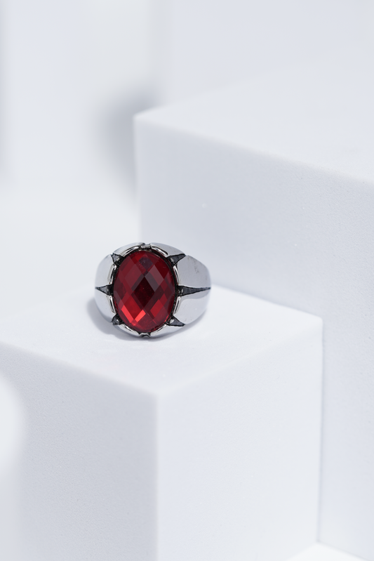 Red Oval Cut Gem Silver Stainless Steel Ring For Men. worldjewel.in men's ring