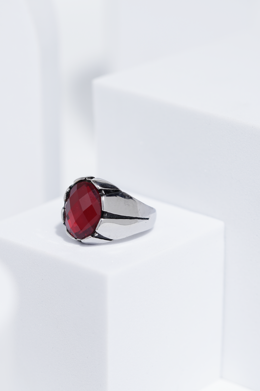 Red Oval Cut Gem Silver Stainless Steel Ring For Men. worldjewel.in men's ring
