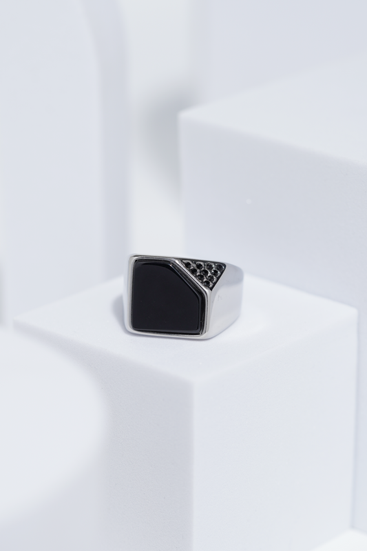 Black Cut Stone Silver Stainless Steel Ring For Men. worldjewel.in men's ring